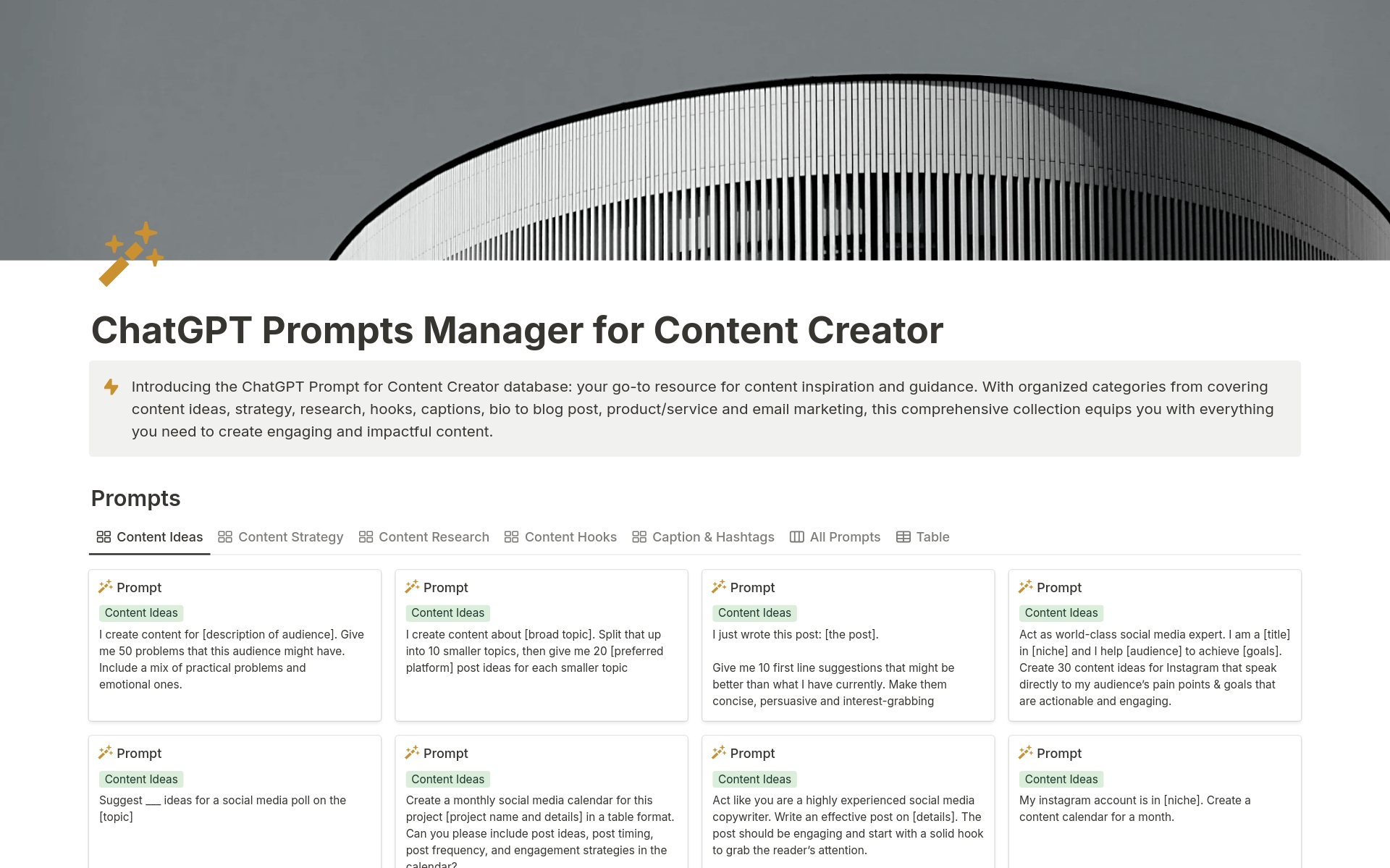 A template preview for ChatGPT Prompts Manager for Content Creator, AI