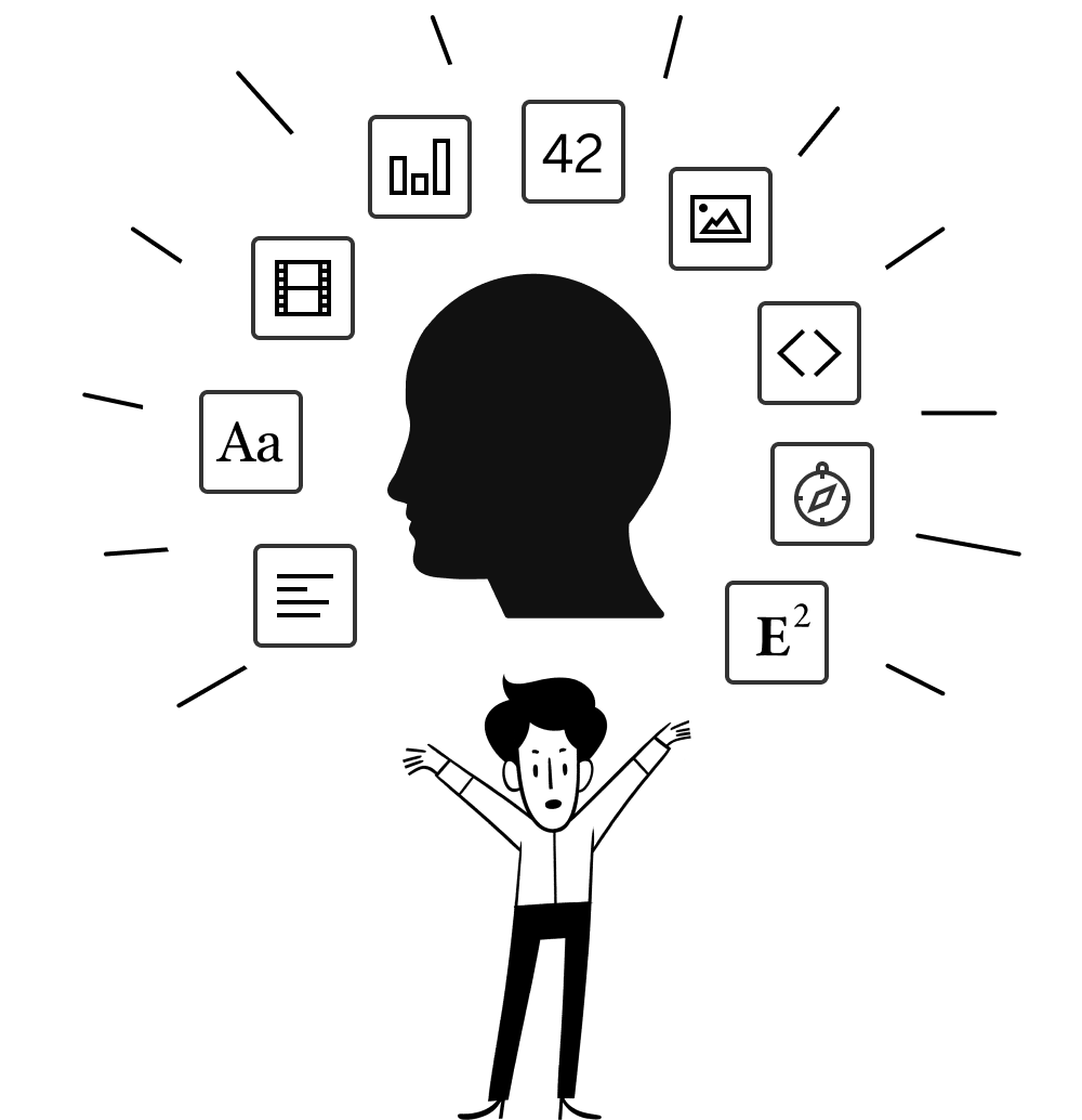 Una ilustración de una persona que celebra la creación de múltiples documentos y sistemas
