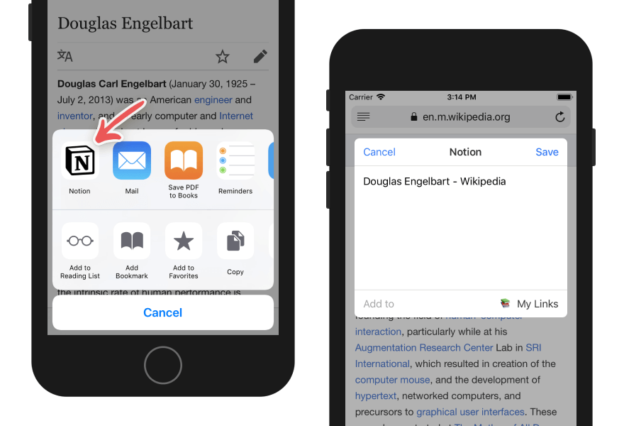 Captura de pantalla del Web Clipper de Notion en iOS en una ventana para compartir guardando una página