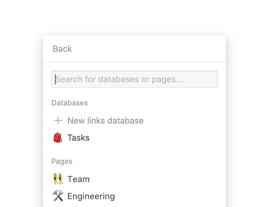 Captura de tela de um menu pop-up mostrando um campo de pesquisa em uma base de dados do Notion