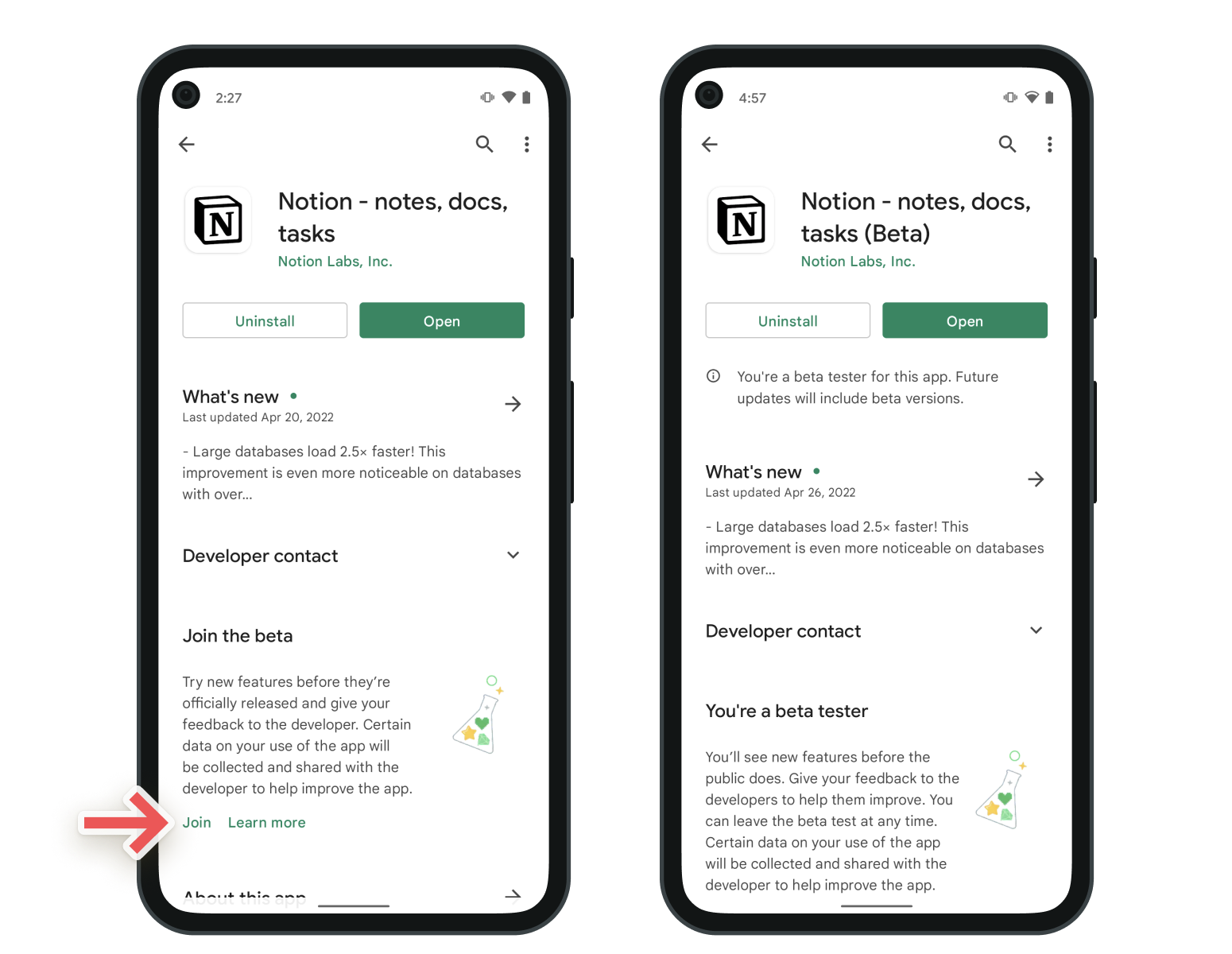 Capturas de tela que mostram como usar o TestFlight para se cadastrar no programa beta de teste do Notion para Android na Google Play Store.