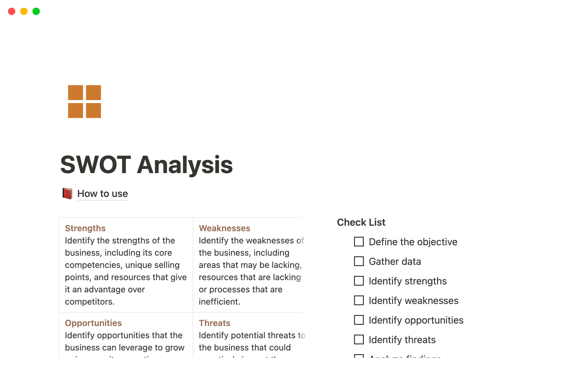 Captura de tela da coleção Top SWOT Analysis Templates for Facilities Managers por Notion