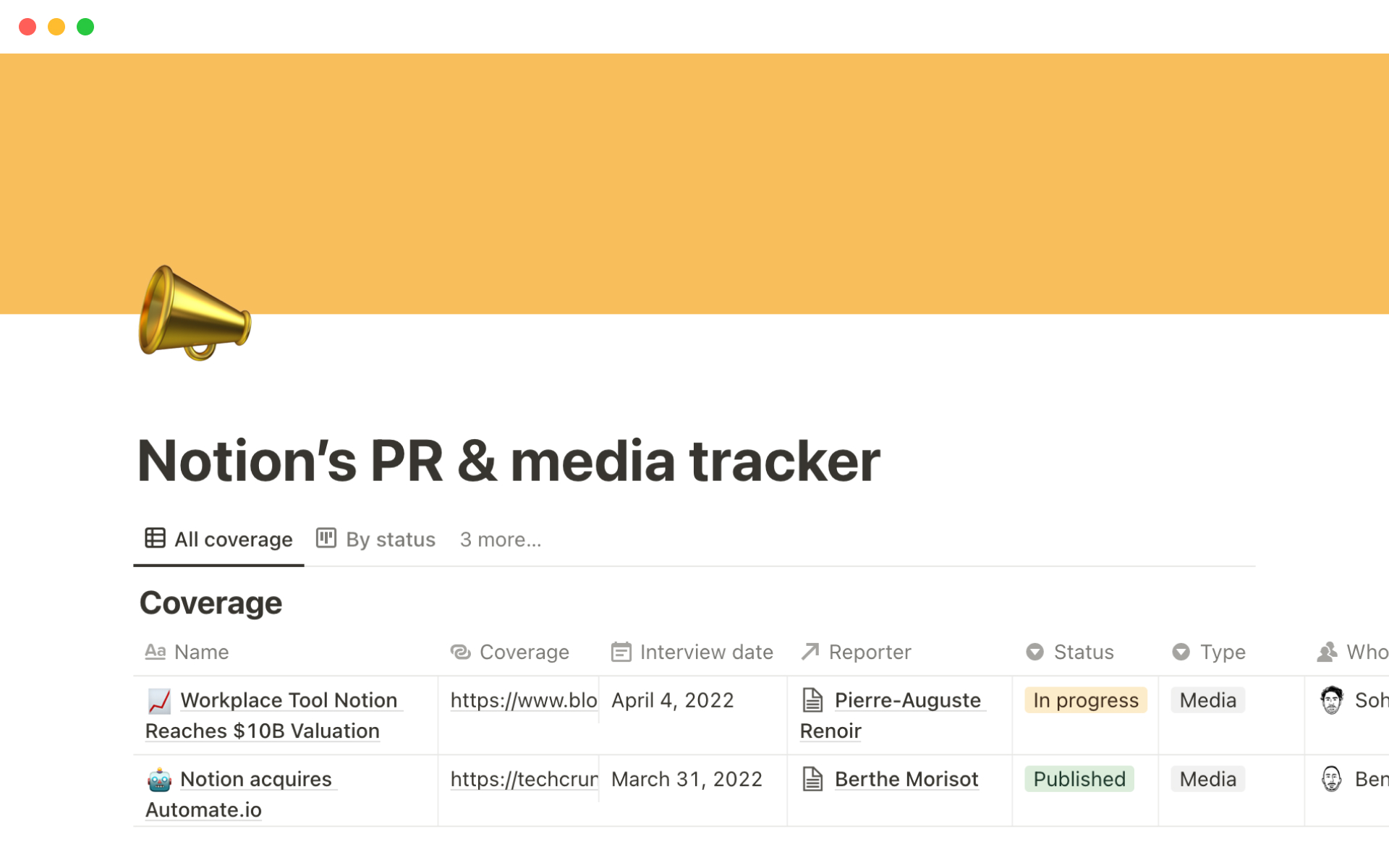 Captura de tela da coleção Best 3 Press Tracking Templates for Marketing Analysts por Notion