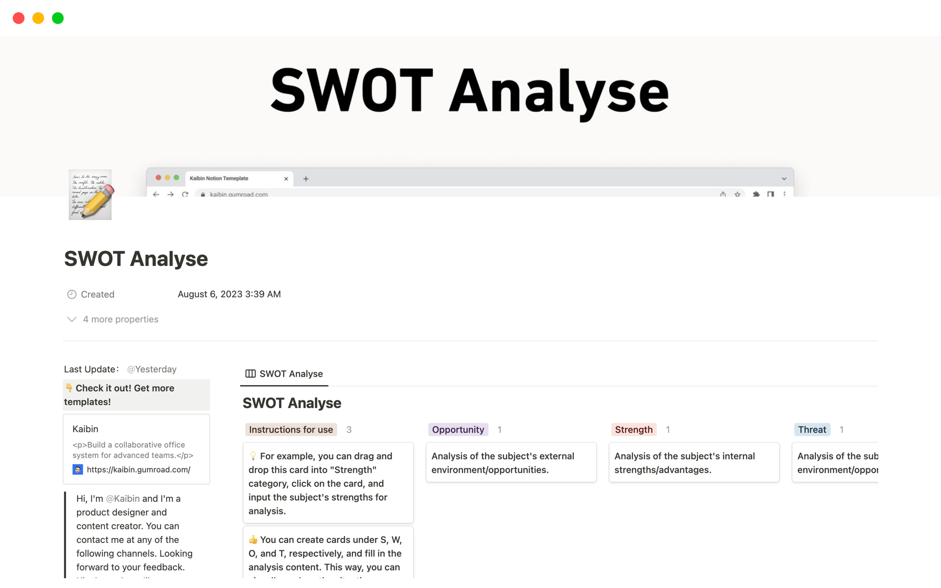 Captura de tela da coleção Top SWOT Analysis Templates in Notion por Notion