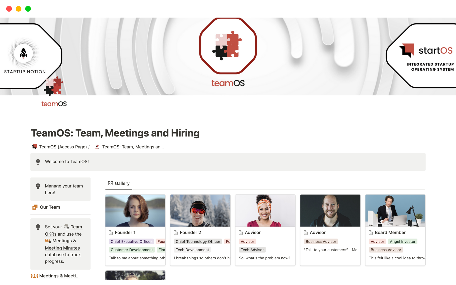 TeamOS: Team, Meetings and Hiringのテンプレートのプレビュー
