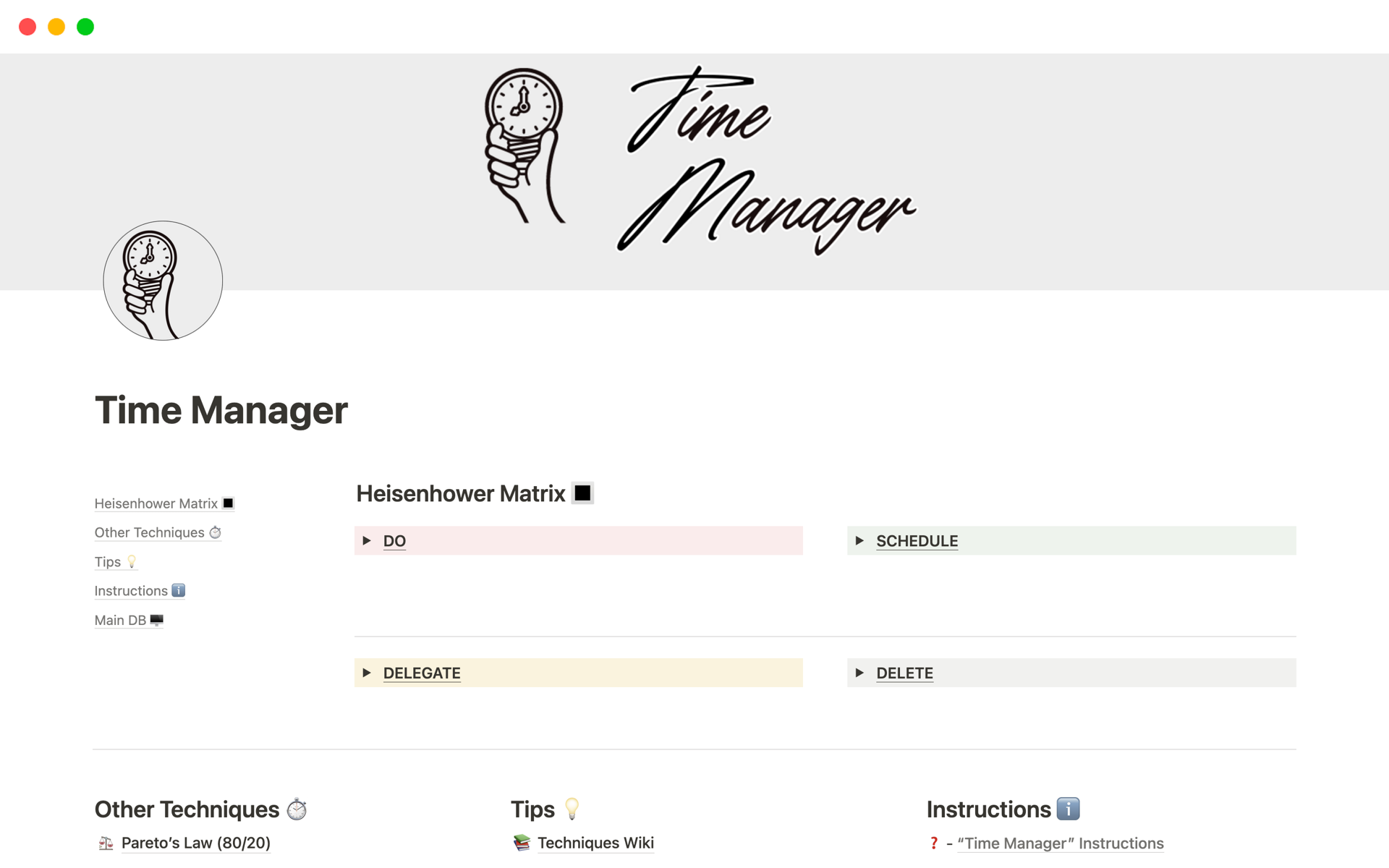 A template preview for Time Manager