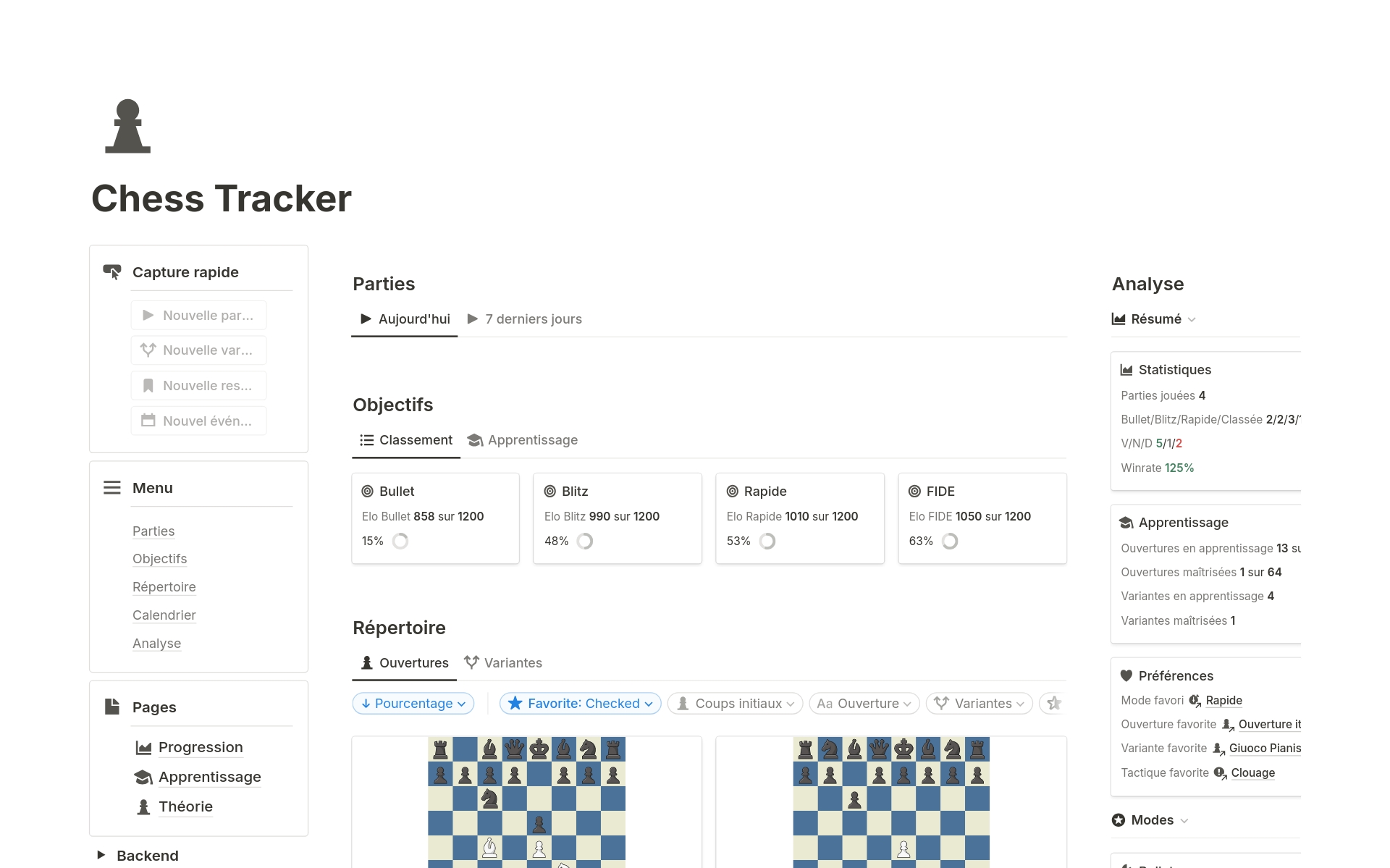 Dominez vos adversaires aux échecs avec Chess Tracker. Ce modèle vous aide à améliorer votre jeu d'échecs, suivre votre progression et parfaitement optimiser votre apprentissage.