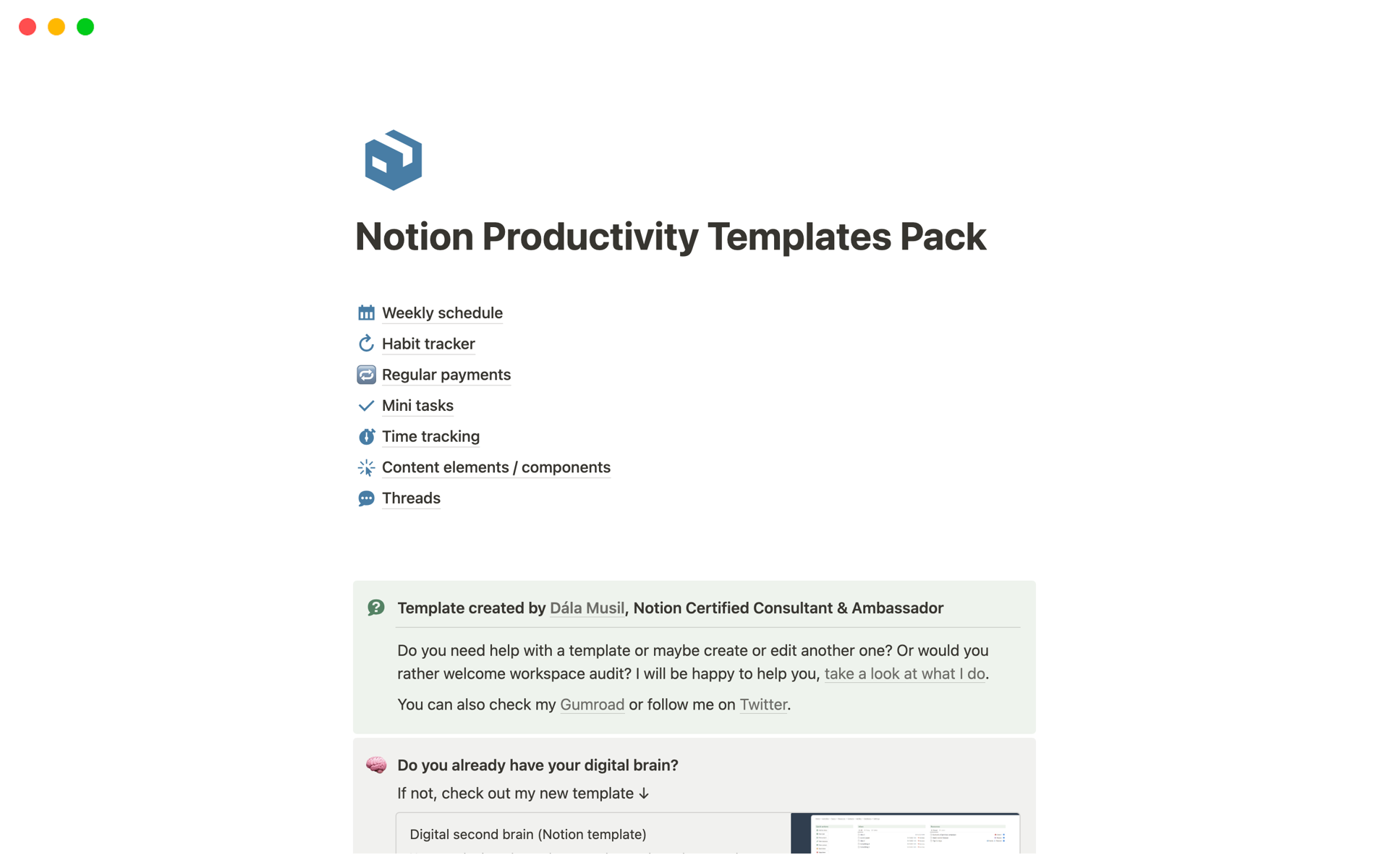 Eine Vorlagenvorschau für Productivity Templates Pack