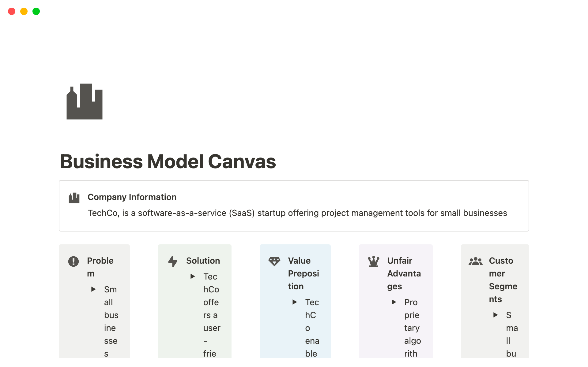 Eine Vorlagenvorschau für Business Model Canvas