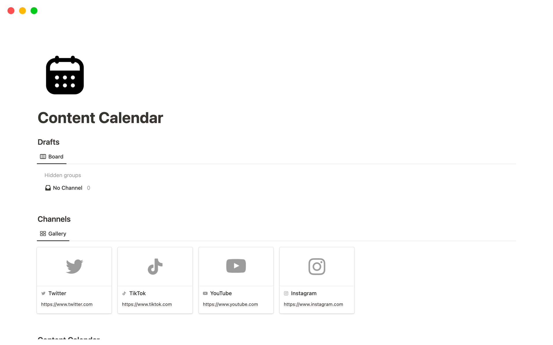 Vista previa de una plantilla para Content Calendar