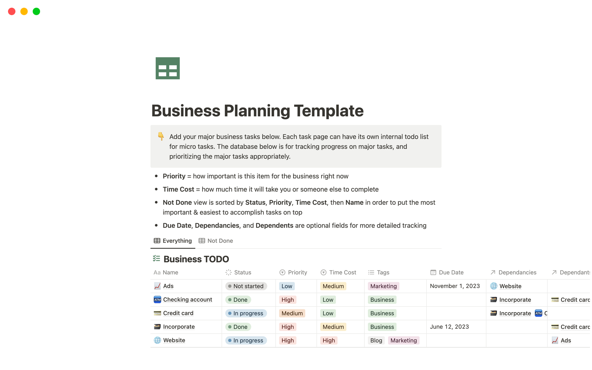 Eine Vorlagenvorschau für Business Planning Template