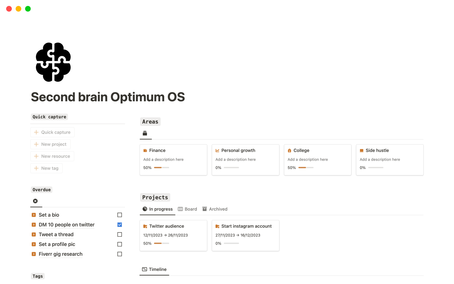 Eine Vorlagenvorschau für Second brain Optimum OS