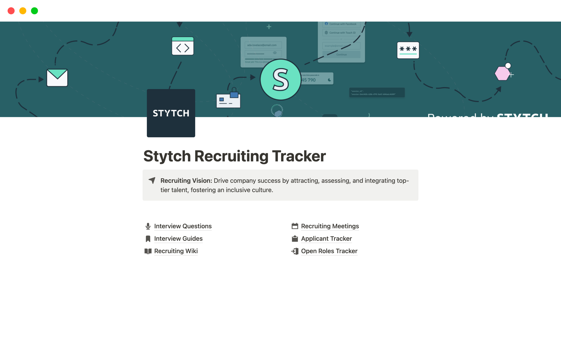 Stytchs Recruiting-Tracker in Notion bietet einen gezielten Ansatz für die Einstellung von Entwickler/-innen. 