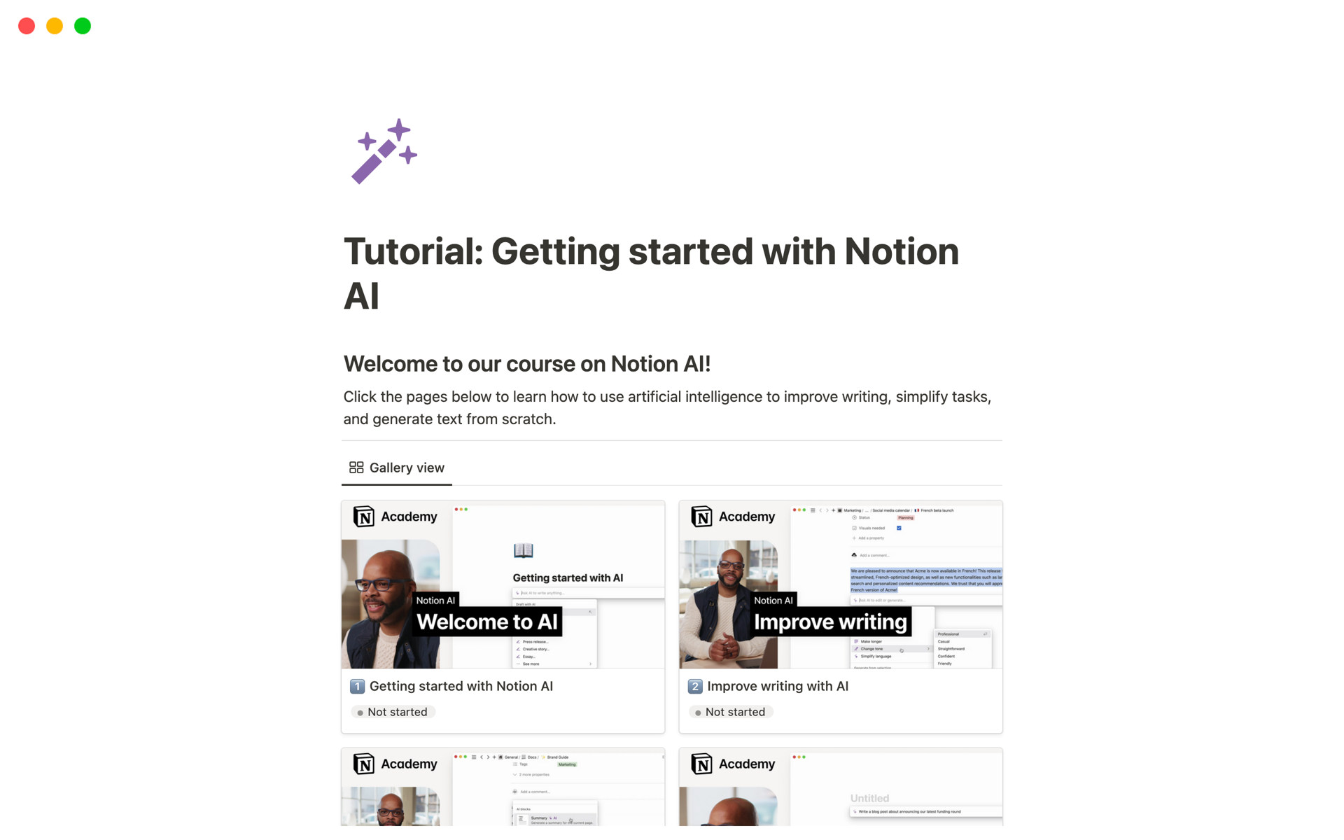Tutorial: Getting started with Notion AIのテンプレートのプレビュー