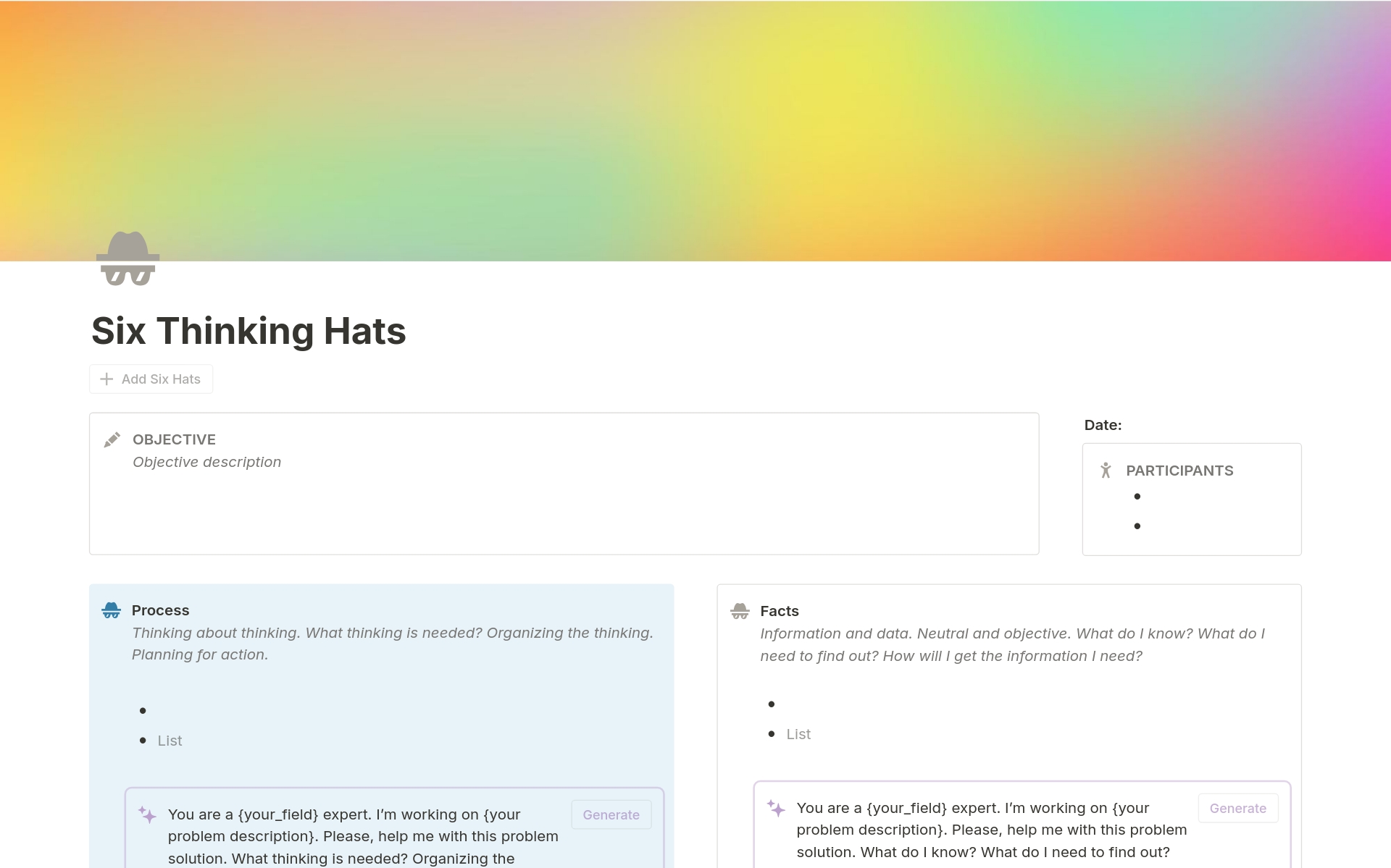 The Six Thinking Hats Notion Template, now with AI-driven insights, can help you solve problems and make better decisions.