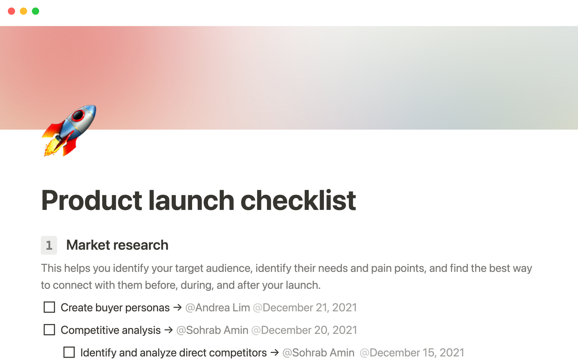 Product launch checklistのテンプレートのプレビュー