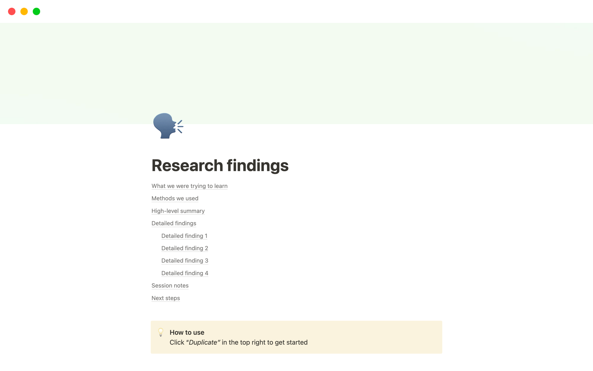 A template preview for User Research Findings