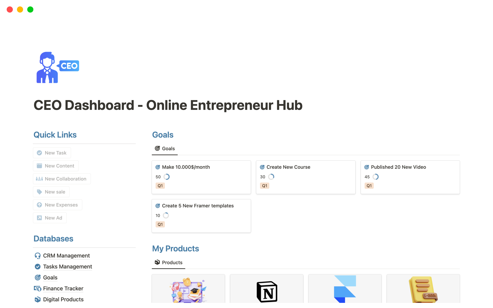 Aperçu du modèle de CEO Dashboard - Online Entrepreneur Hub v2
