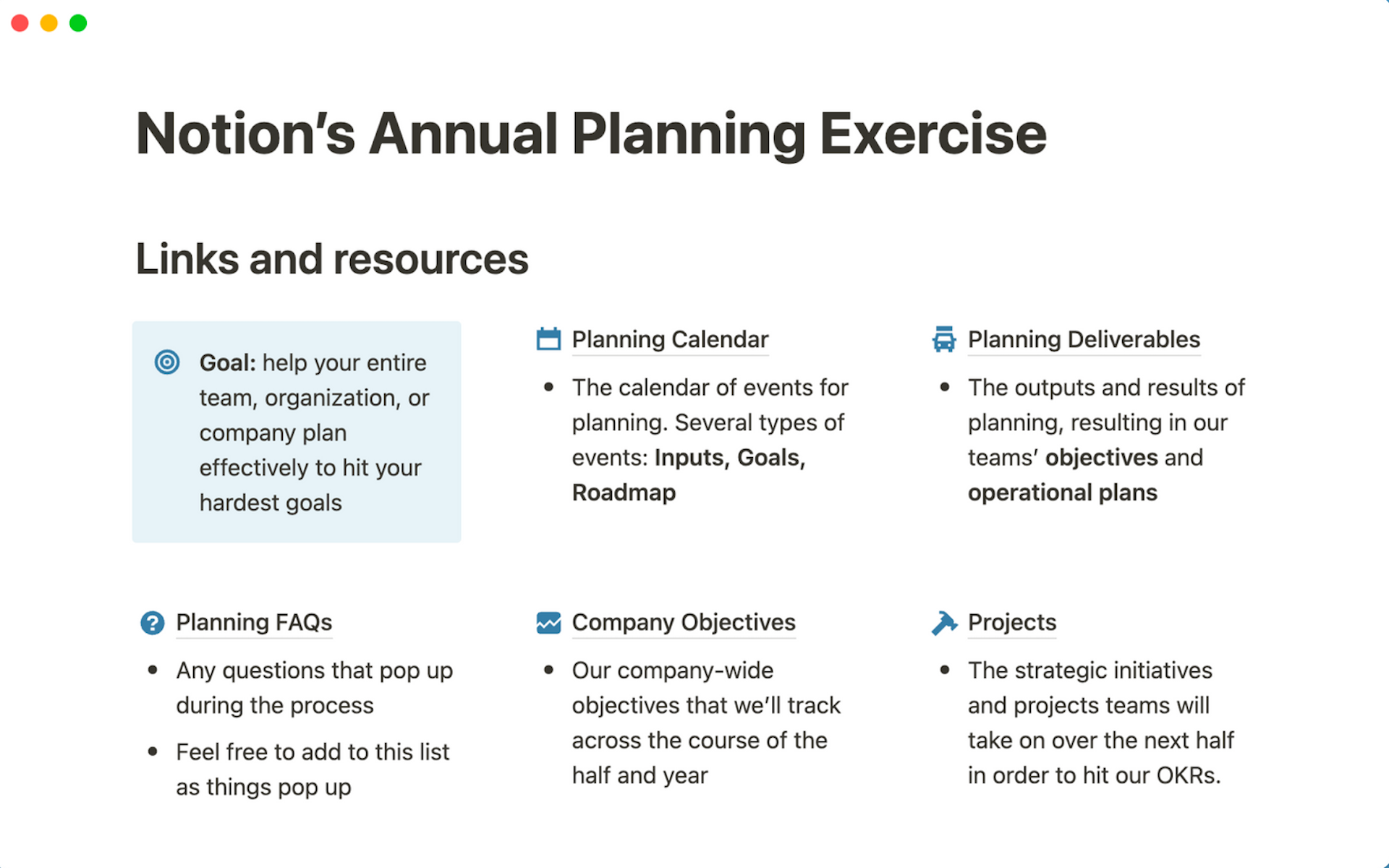 Notion’s Annual Planning Exerciseのテンプレートのプレビュー