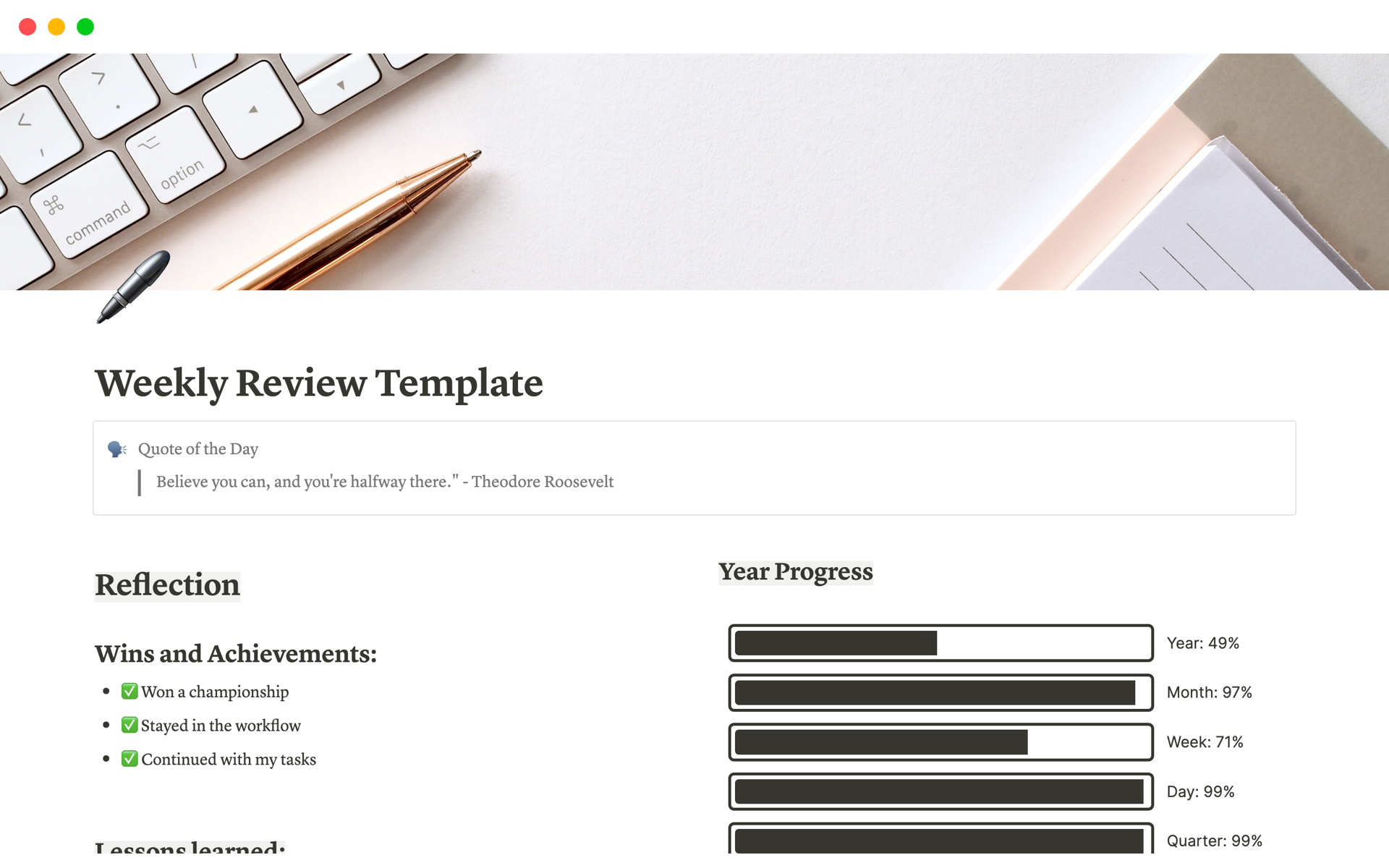 A template preview for Weekly Review Template