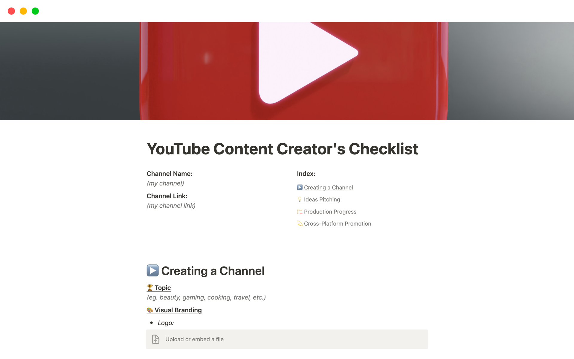 Eine Vorlagenvorschau für YouTube Content Creator's Checklist