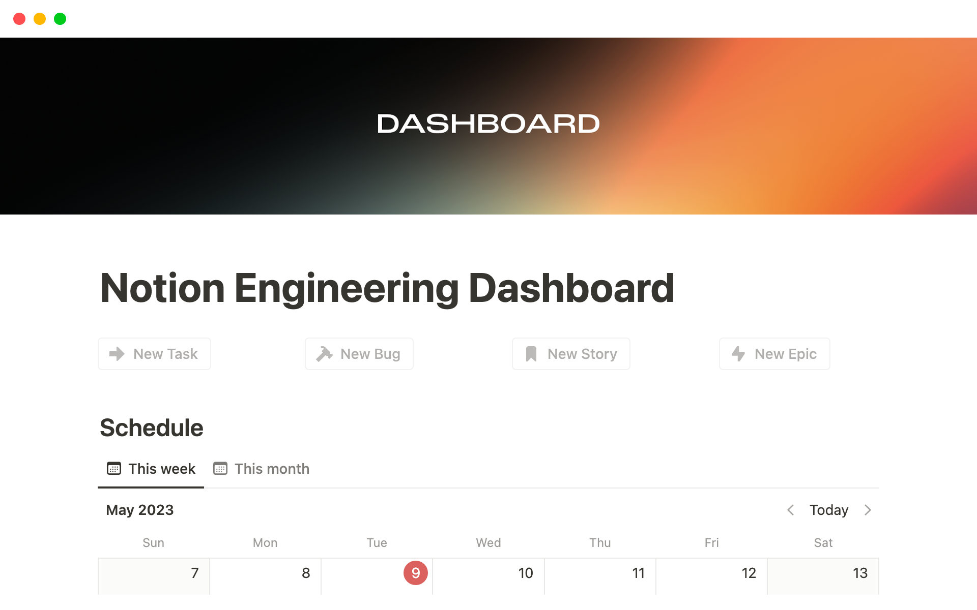 Eine Vorlagenvorschau für Notion Engineering Dashboard