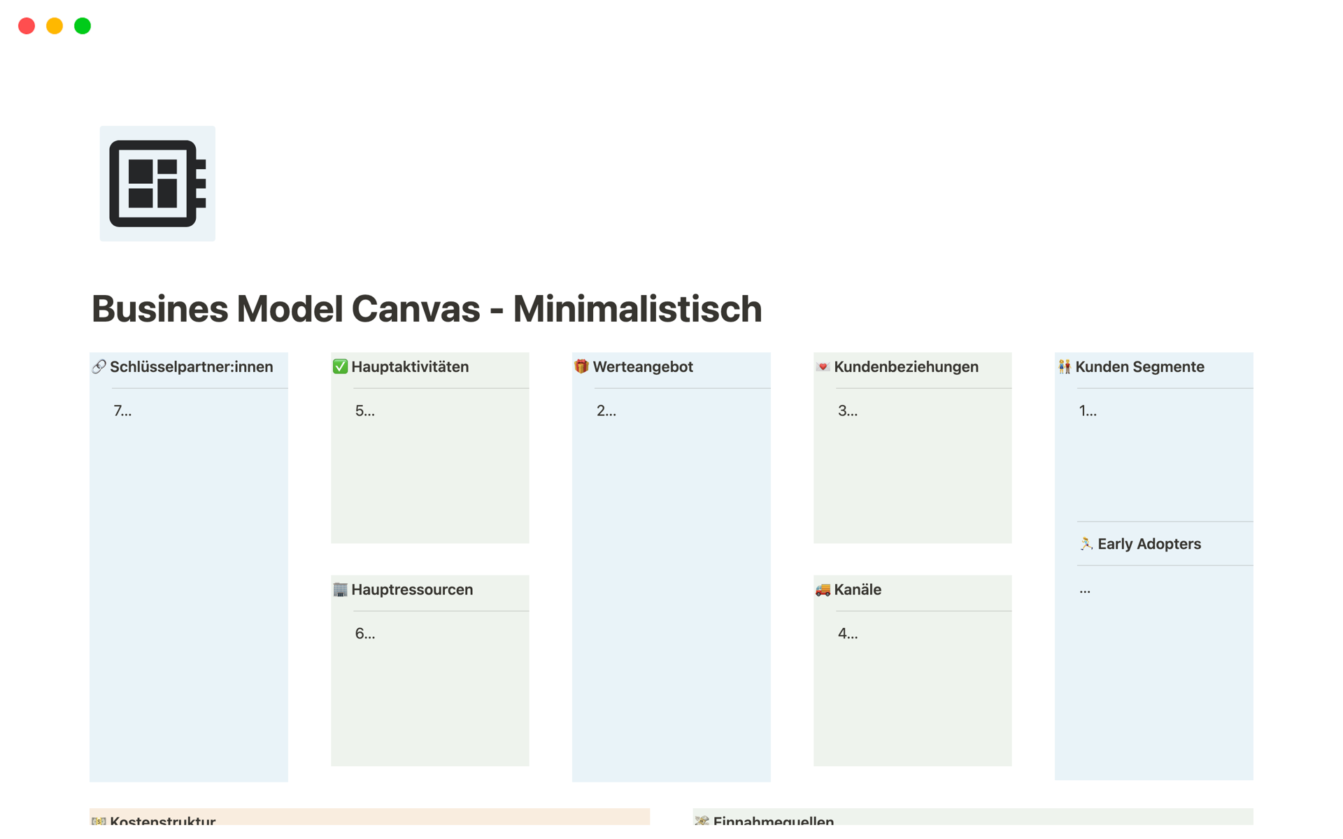 Eine Vorlagenvorschau für Busines Model Canvas - Minimalistisch