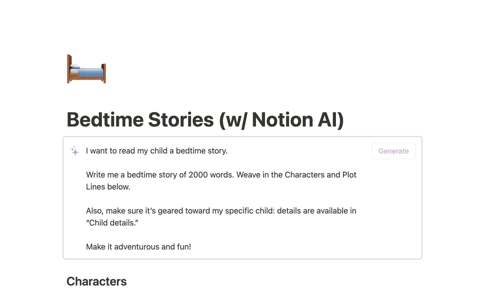 A template preview for Bedtime Stories (w/Notion AI)
