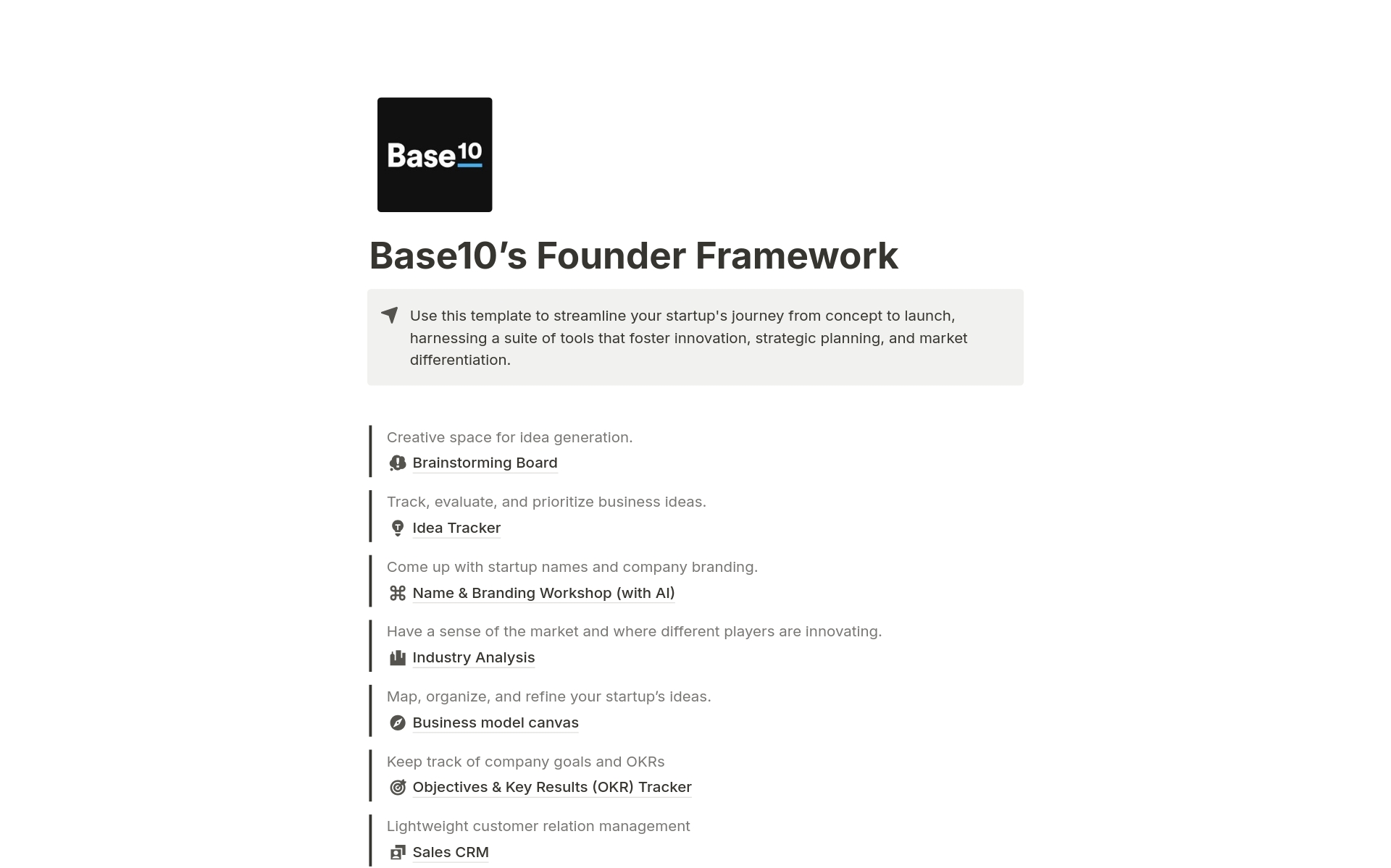 Base10's Founder Frameworkのテンプレートのプレビュー