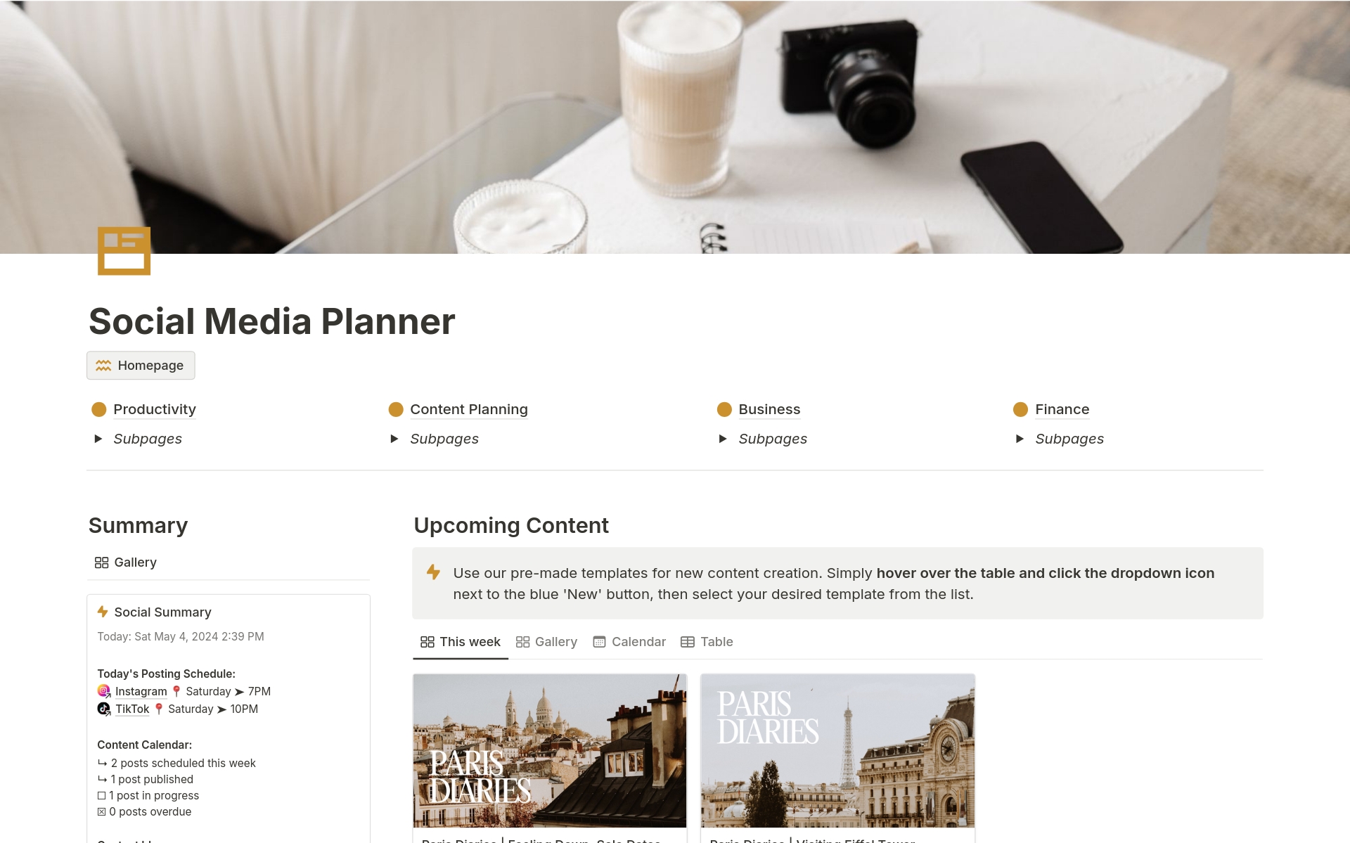 Social Media Planner, Content Calendar, Creatorのテンプレートのプレビュー