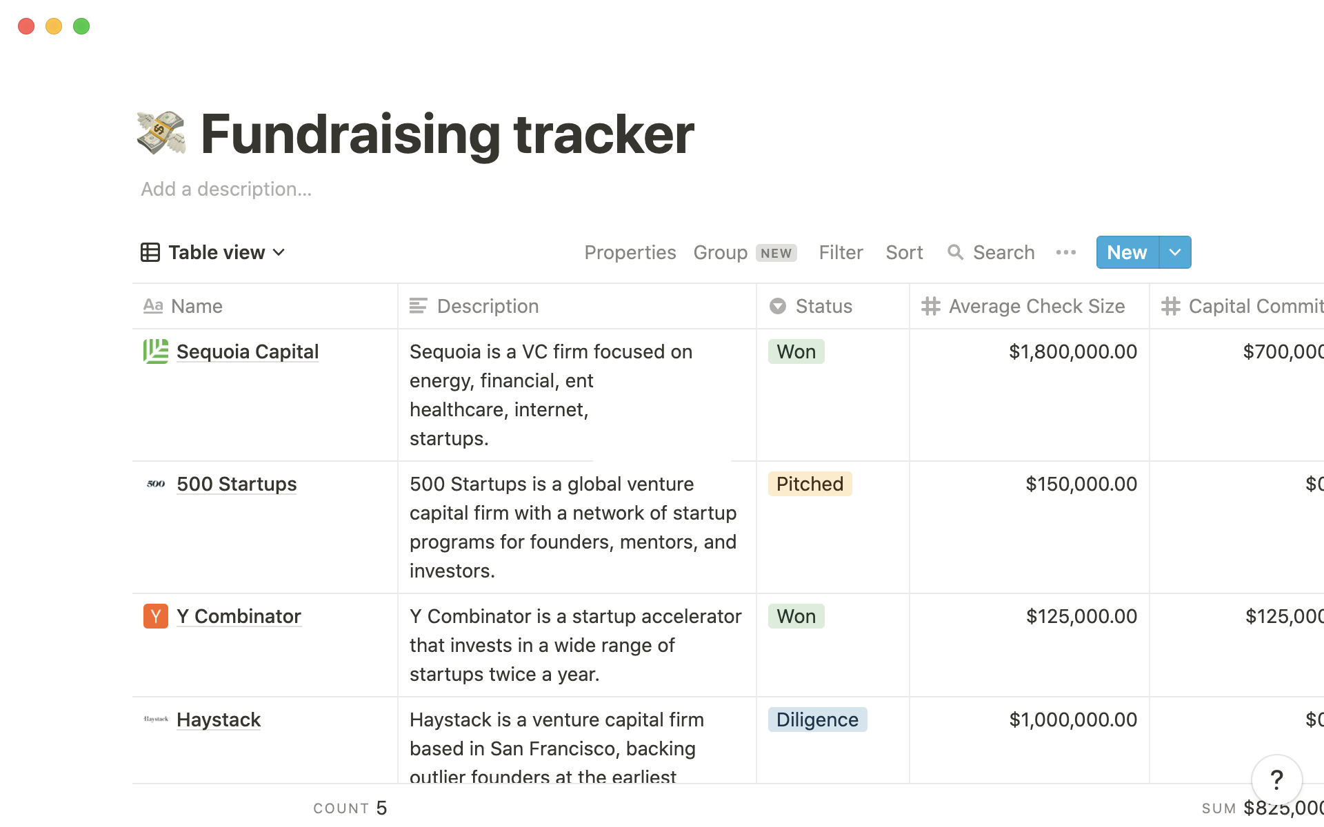 Fundraising trackerのテンプレートのプレビュー