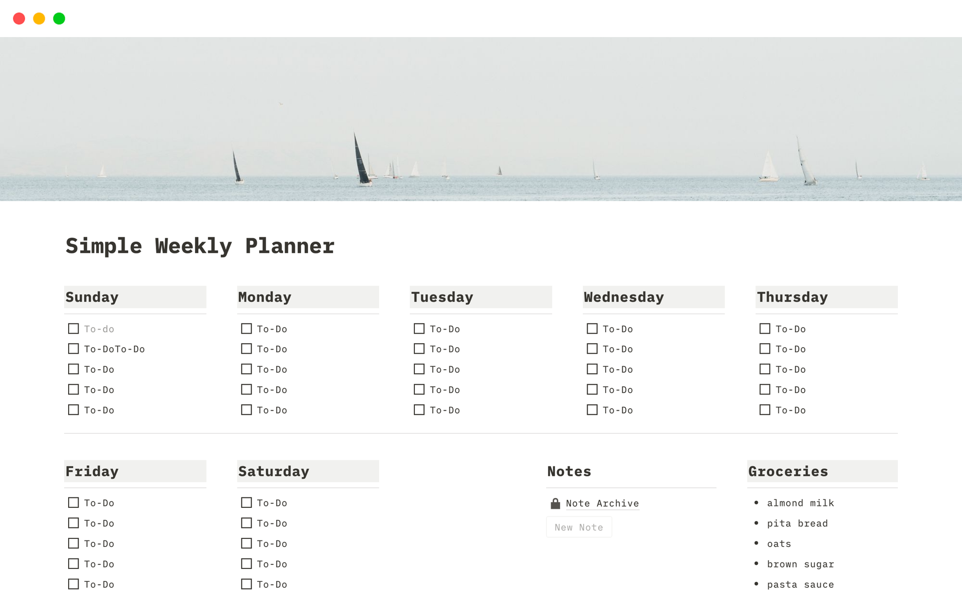Simple Weekly Plannerのテンプレートのプレビュー