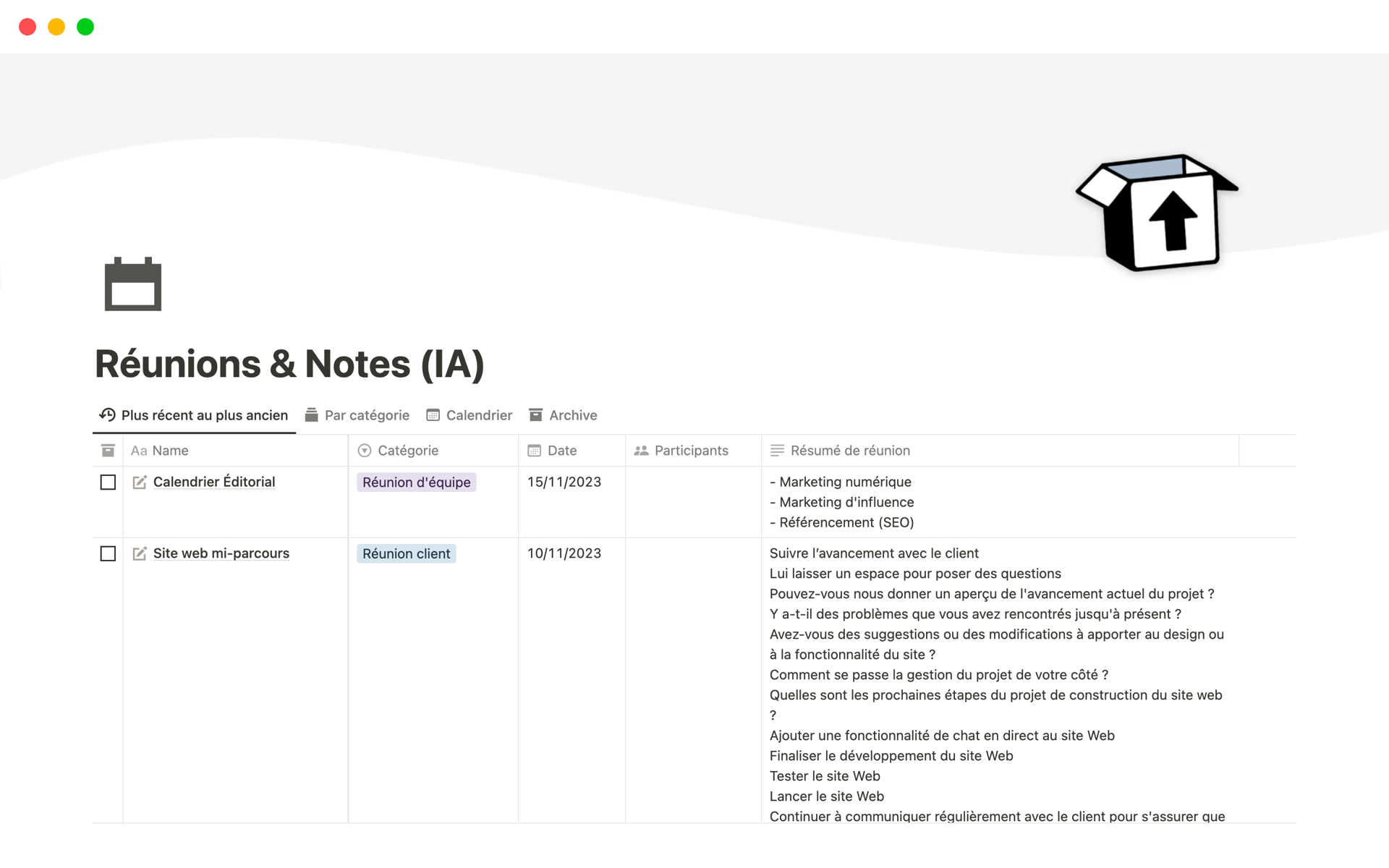 Eine Vorlagenvorschau für Réunions & Notes (IA)