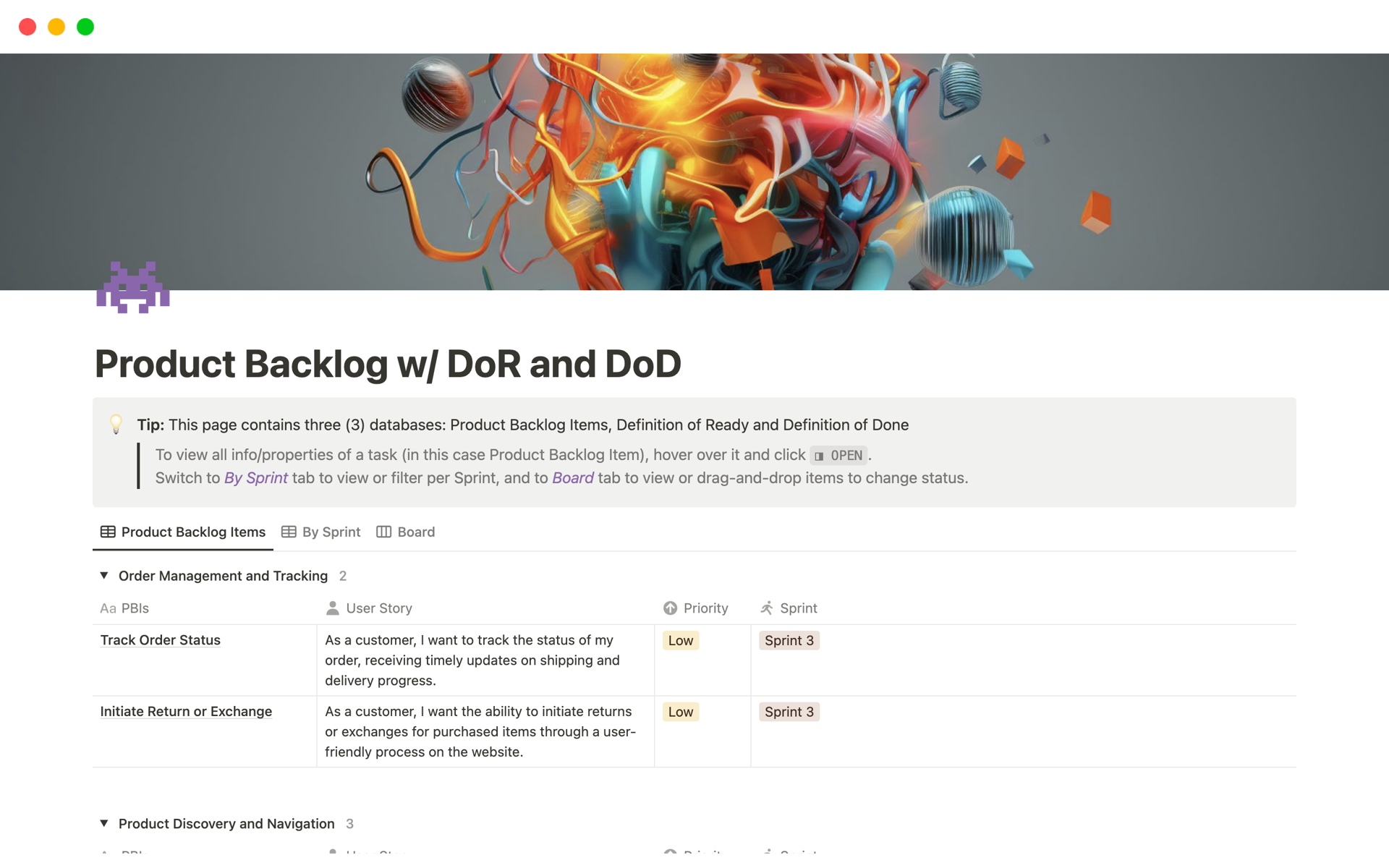 Eine Vorlagenvorschau für Product Backlog w/ DoR and DoD