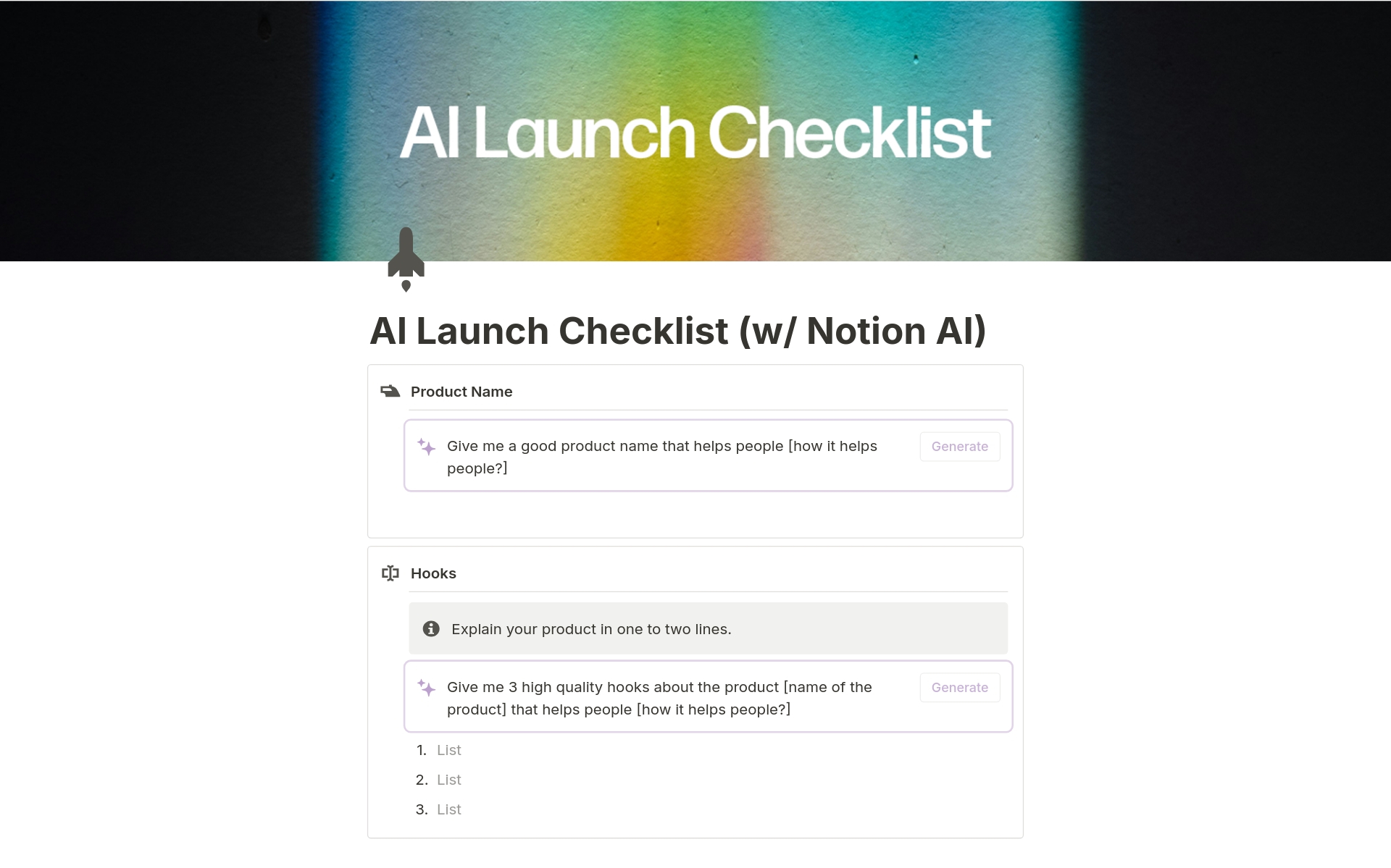 Vista previa de una plantilla para AI Launch Checklist (w/ Notion AI)