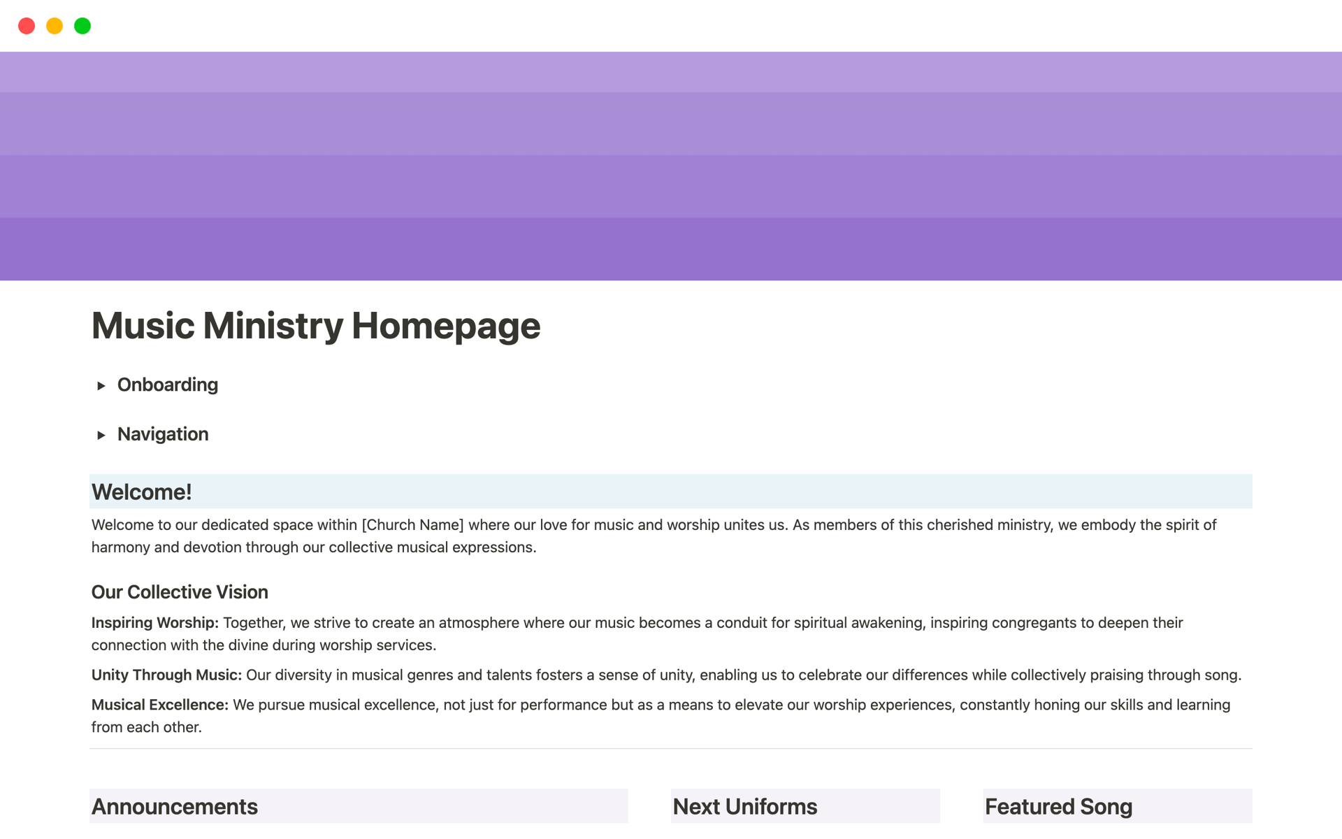 Revolutionize your church music department with the Music Ministry Homepage template! Effortlessly manage announcements, uniform arrangements, song lists, and member directories in one comprehensive tool. Streamline operations and elevate your music team's efficiency today!