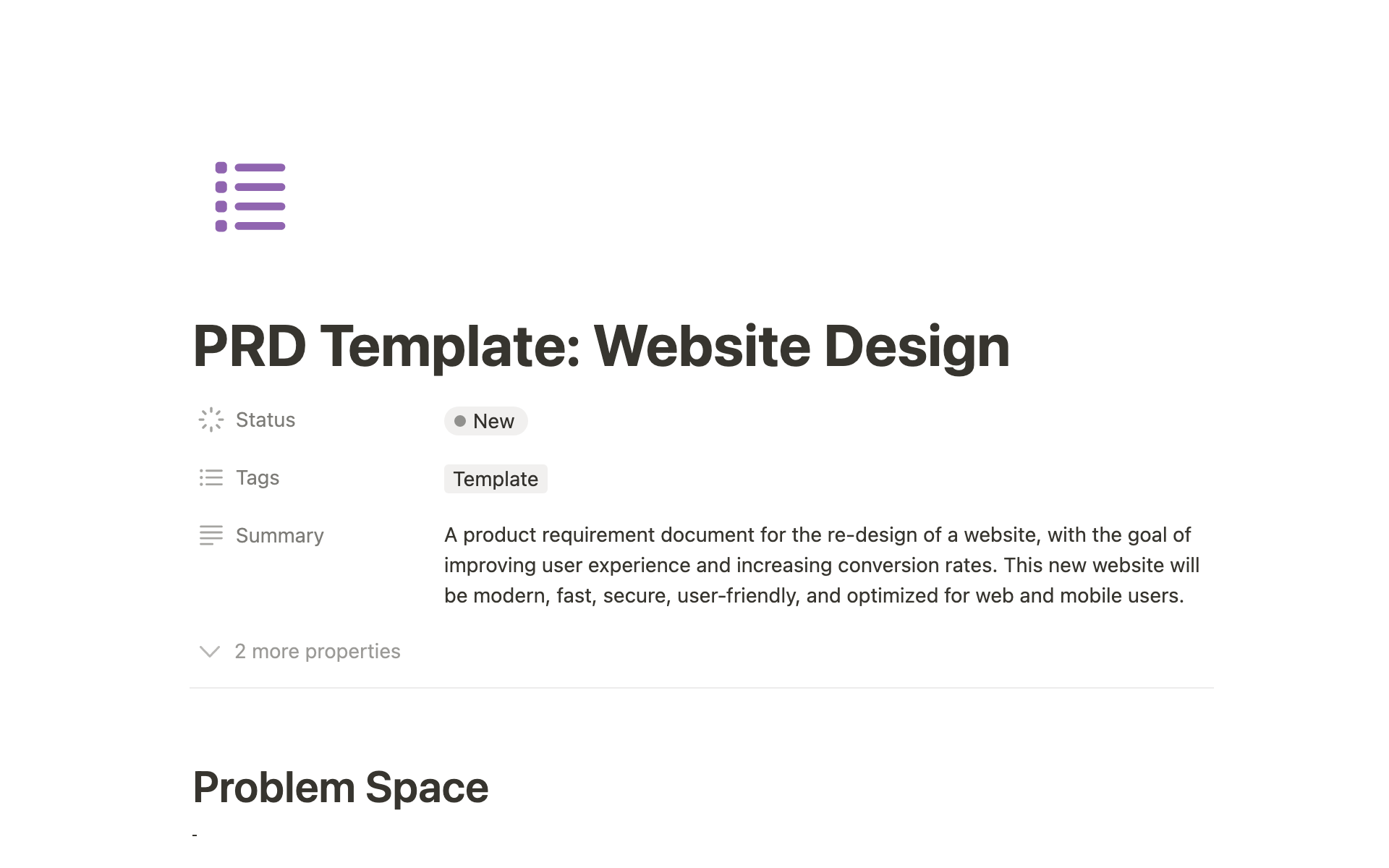 A template preview for PRD Template: Website Design