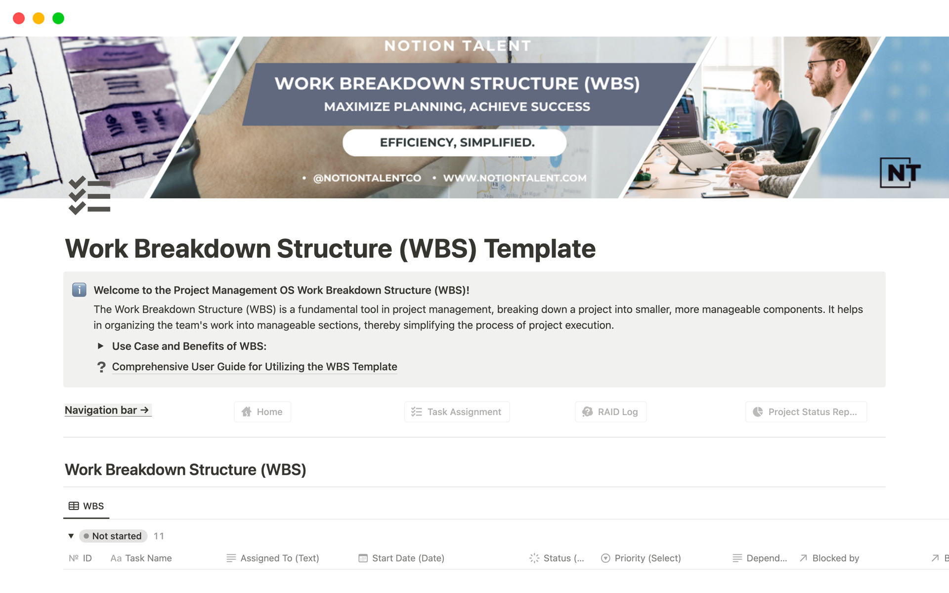 Simplify complex projects with the Notion Work Breakdown Structure (WBS) Template, a tool designed to break down projects into manageable tasks. This template is perfect for visualizing project scope and ensuring thorough planning and execution.