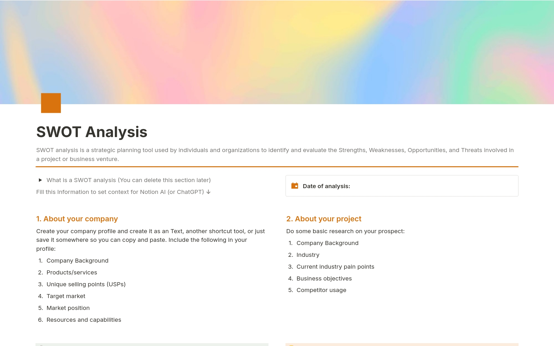 An AI-powered Notion template for SWOT analysis that uses intelligent suggestions to take users through an in-depth assessment of their strengths, weaknesses, opportunities, and threats.
