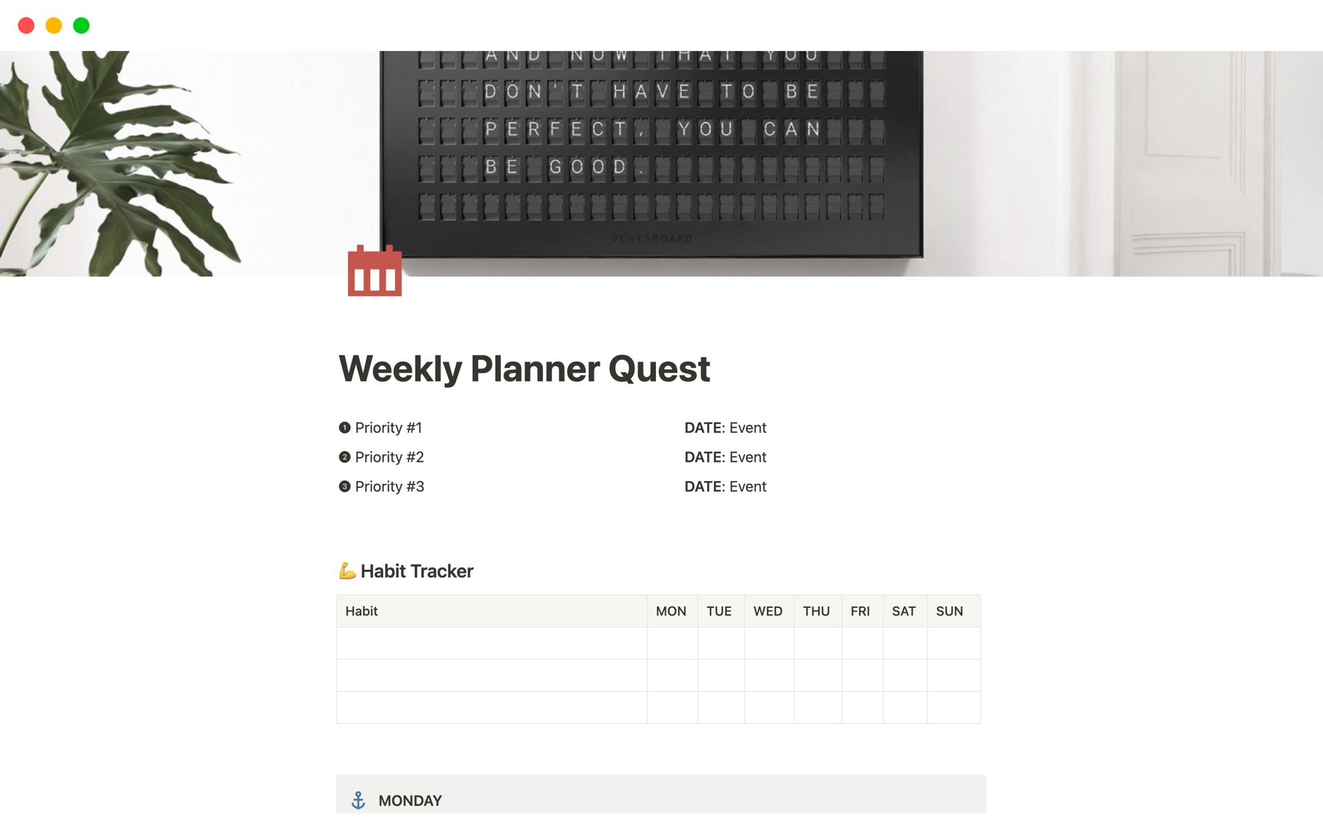 Eine Vorlagenvorschau für Weekly Planner Quest