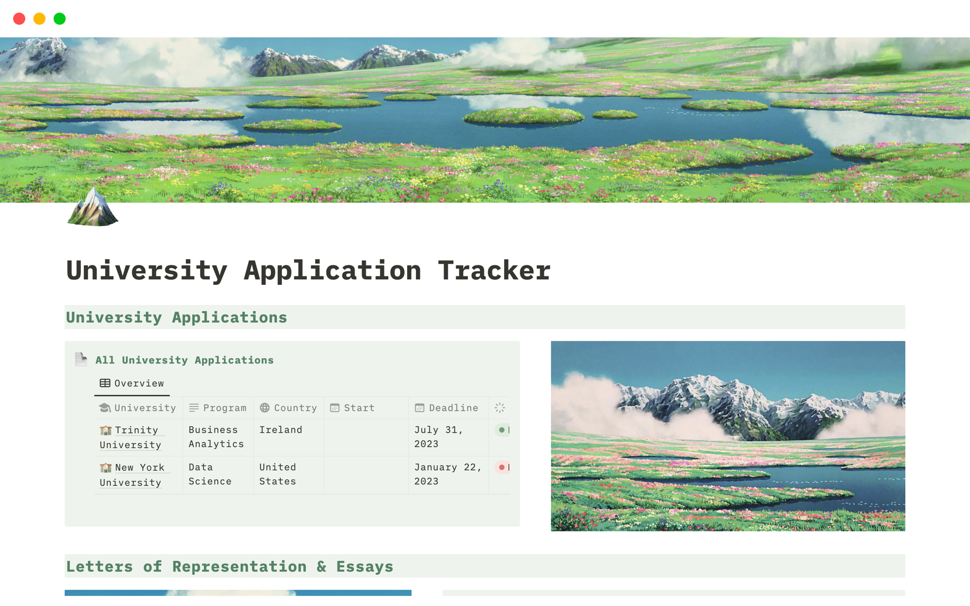 Eine Vorlagenvorschau für Studio Ghibli University Application Tracker