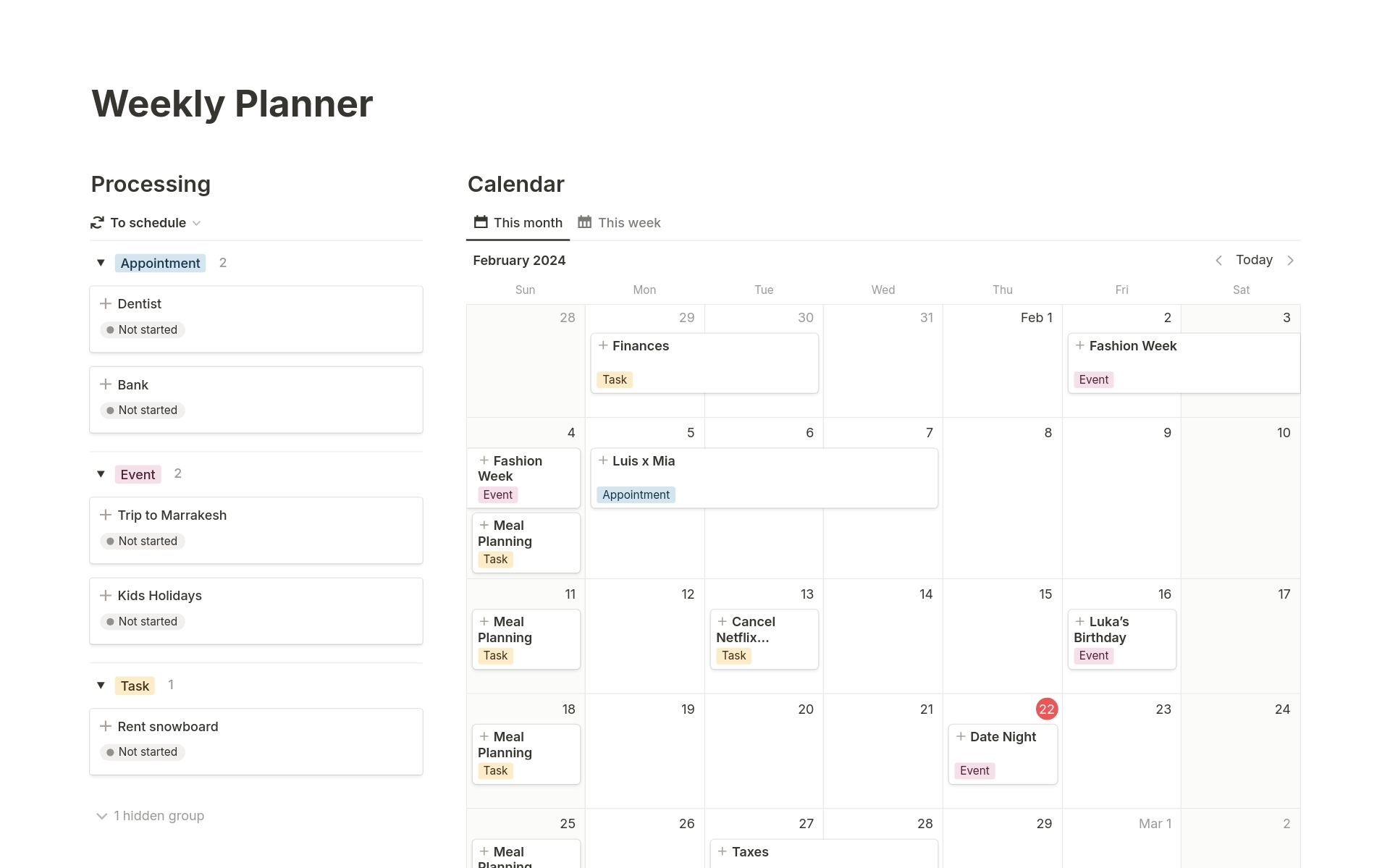 Eine Vorlagenvorschau für 'Notion Calendar' Weekly Planner