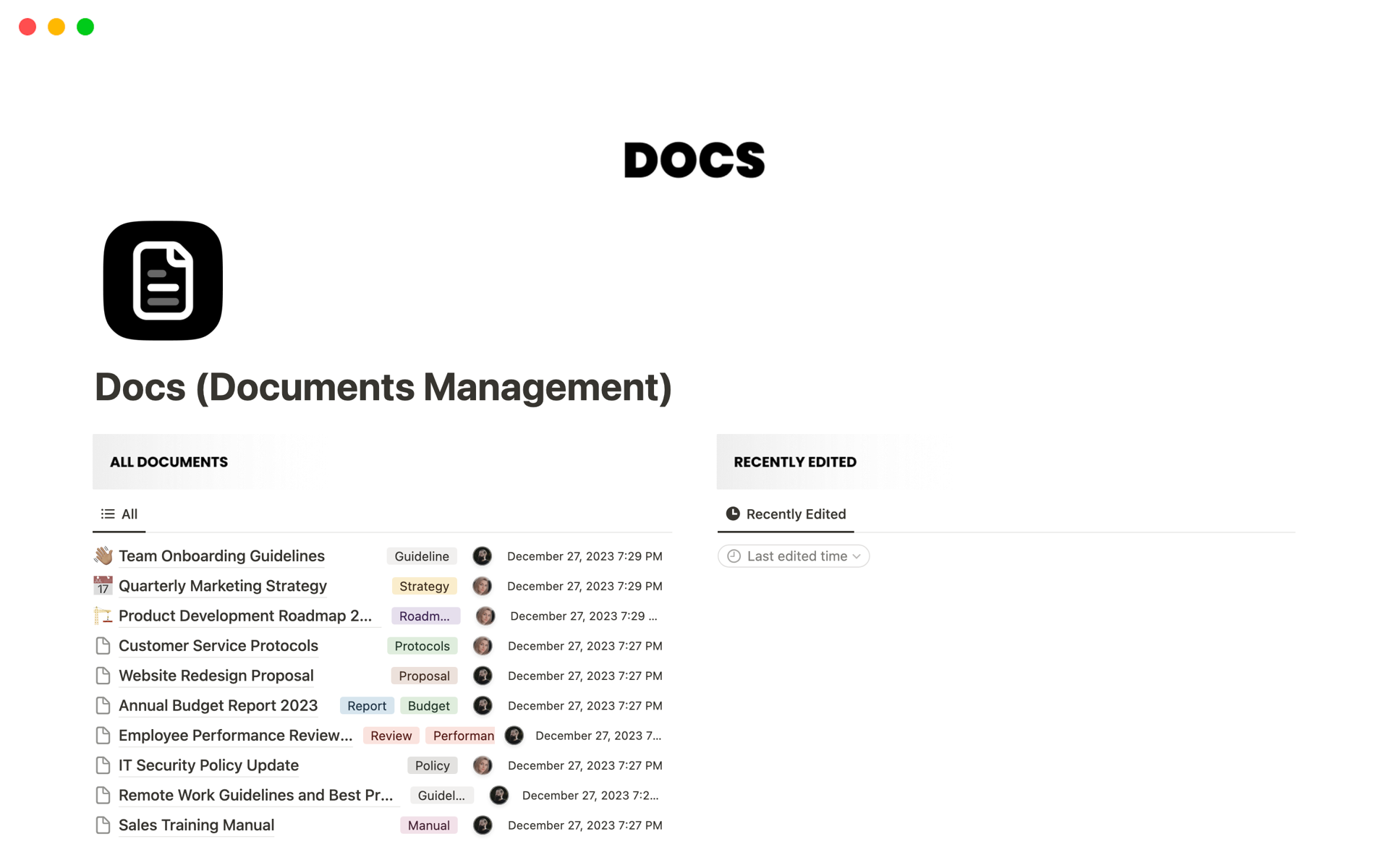 Aperçu du modèle de Docs (Documents Management)