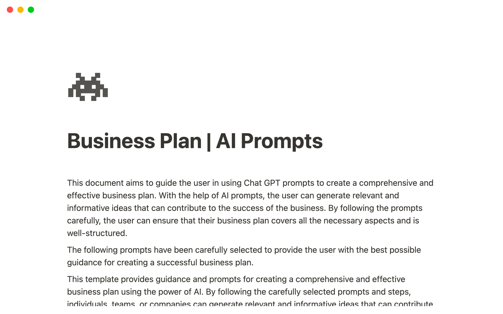 Uma prévia do modelo para Business Plan - AI Prompts