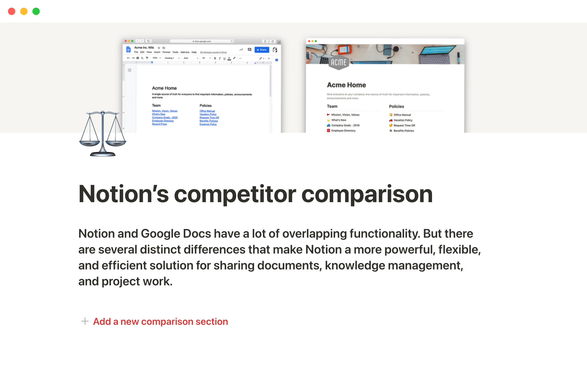 Notion's sales one-pager: Competitor comparisonのテンプレートのプレビュー