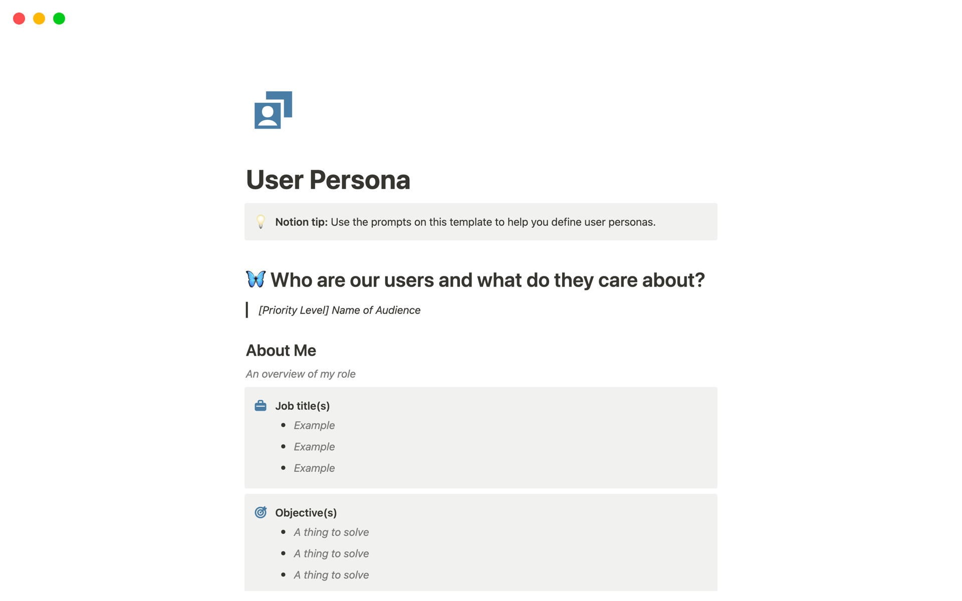 Eine Vorlagenvorschau für User Persona