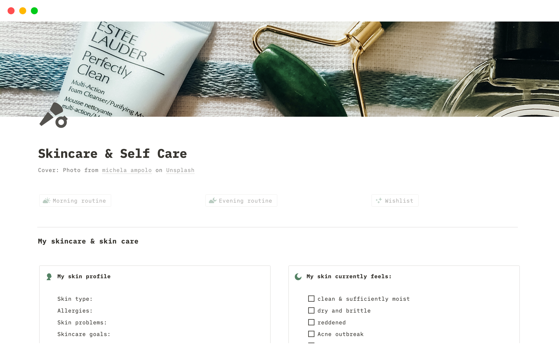 This template allows you to organize your skincare, manage product information, get expert tips, and promote self-care. 