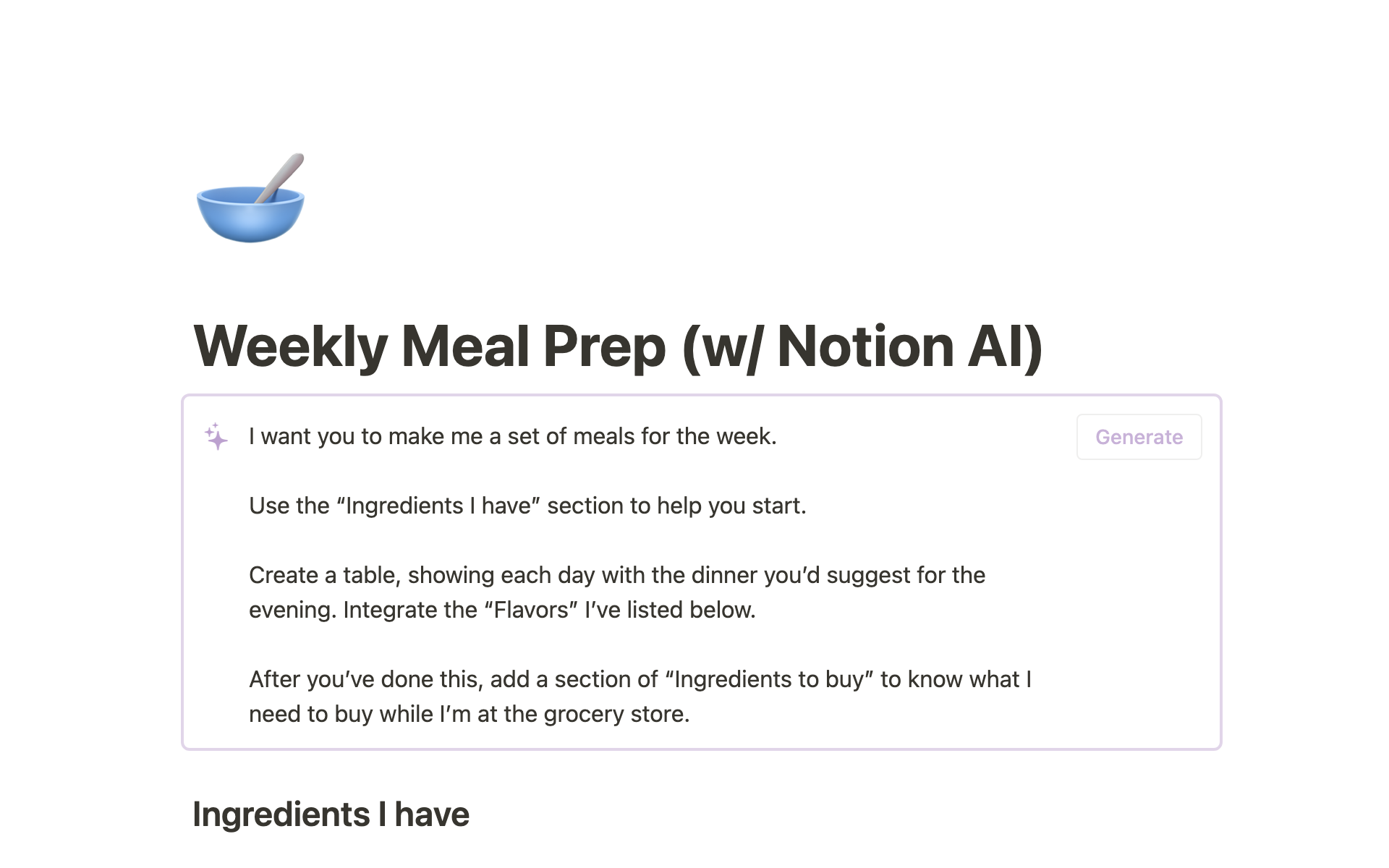 Vista previa de una plantilla para AI Weekly Meal Prep Planner