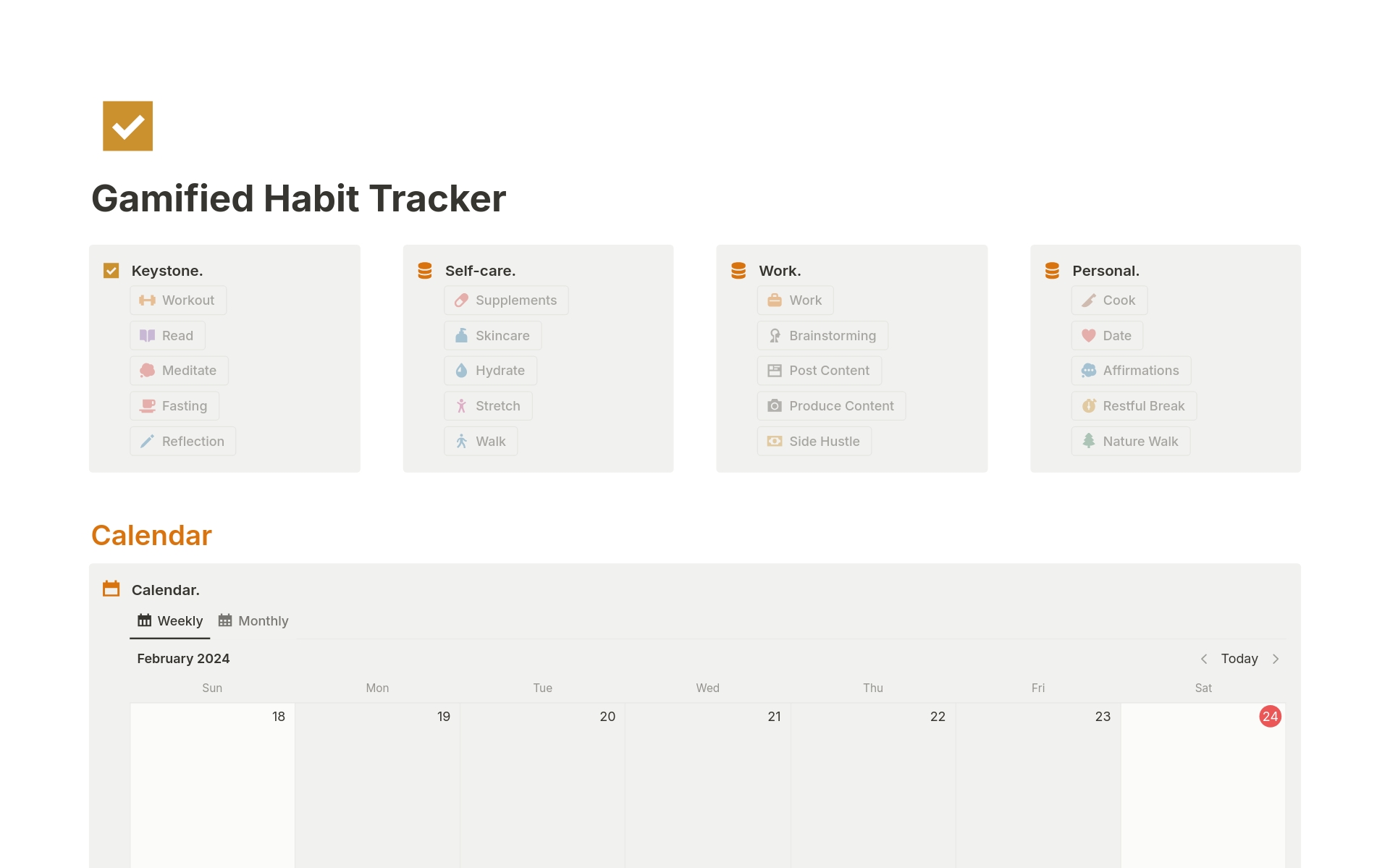 Eine Vorlagenvorschau für Gamified Habit Tracker