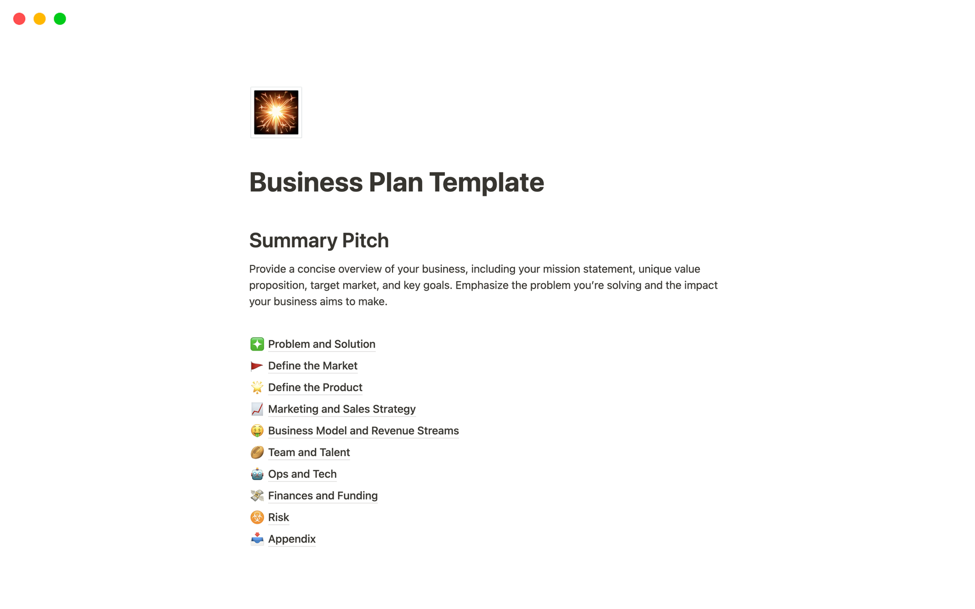 Eine Vorlagenvorschau für Business Plan Template